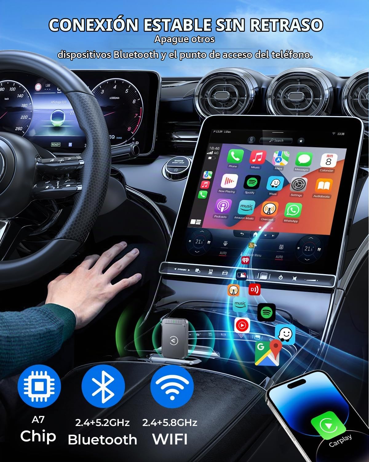 Adaptador Inalámbrico AuroraLink Azul 2 en 1 Rápido y Estable para CarPlay y Android Auto