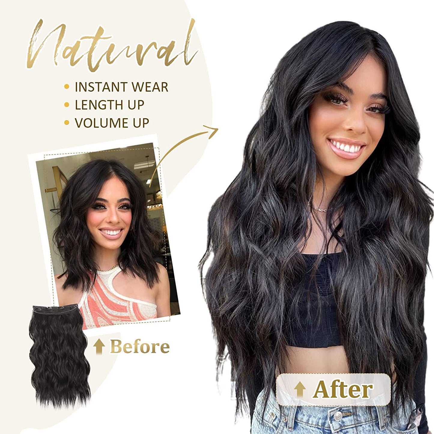 Slzhds Extensiones de Cabello Natural Ondulado, Extensión de Liga, Extensiones de Cabello Ondulado, Extensiones Halo con Diadema Invisible, 3/4 Cabeza Completa Ondulada Extensiones Cabello con Clip Seguros Extraíbles, Tamaño Ajustable, Resistente al Calor