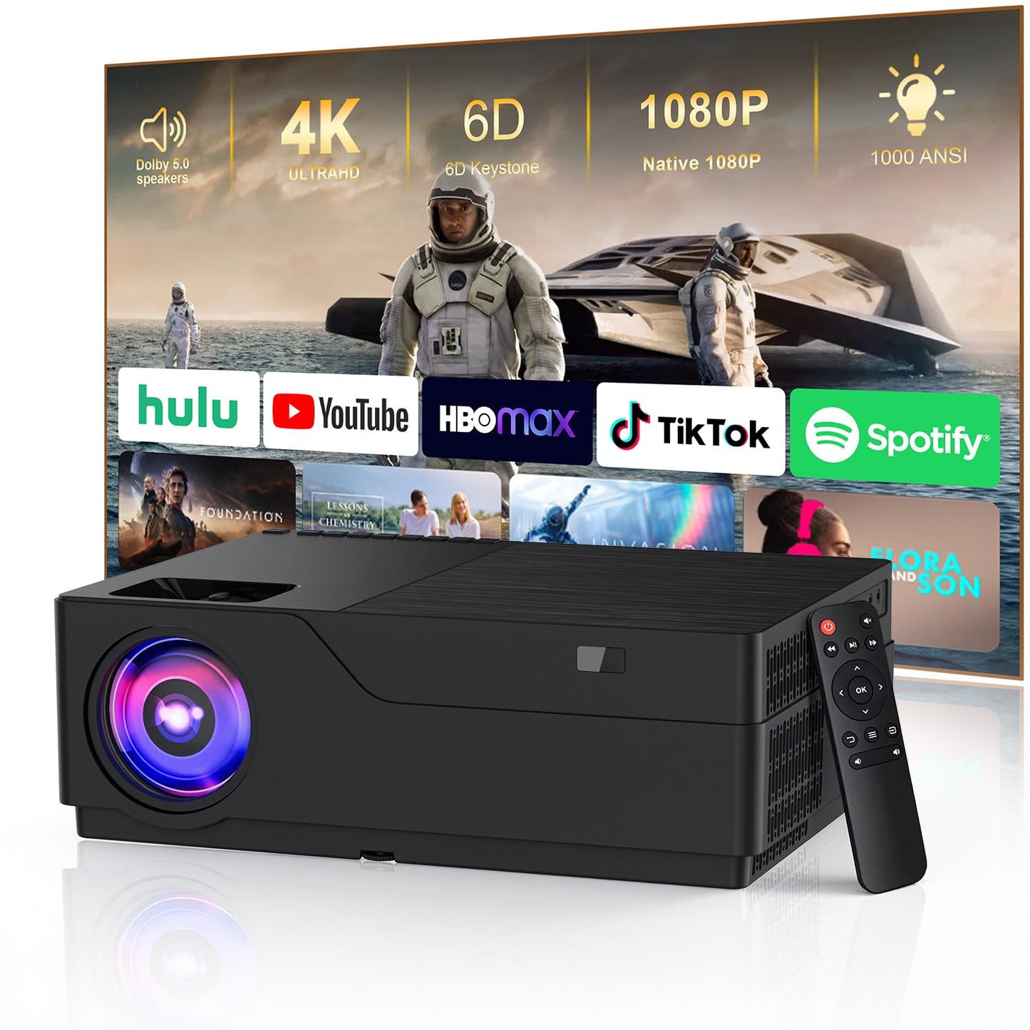 Proyector portátil WiFi/Bluetooth, Nativo 1080p Compatible 4K, Altavoz Integrado y corrección Trapezoidal 6D automática. para Cine doméstico, dormitorios, Techo, Camping y Exterior.
