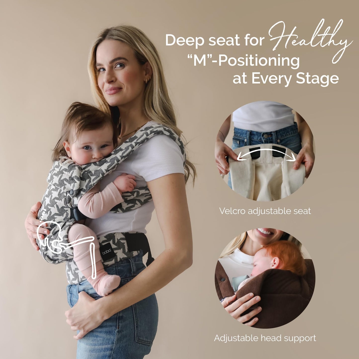 Boba Auri - Portabebés para recién nacidos y niños pequeños, 100% algodón, 3 posiciones ergonómicas (delantera/delantera/trasera), portabebés con posición M con asiento ajustable (7-45 libras), color