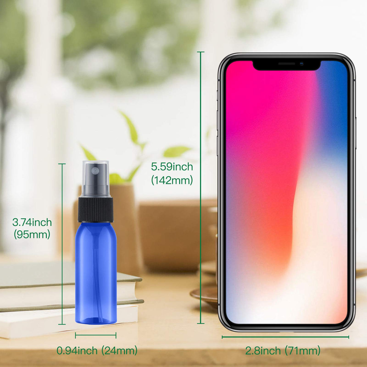 Paquete de 12 botellas de spray de plástico, 30 ml, pulverizadores vacíos y finos, atomizador de perfume de viaje para soluciones de limpieza (botellas de espray, negro + transparente), azul+transpa