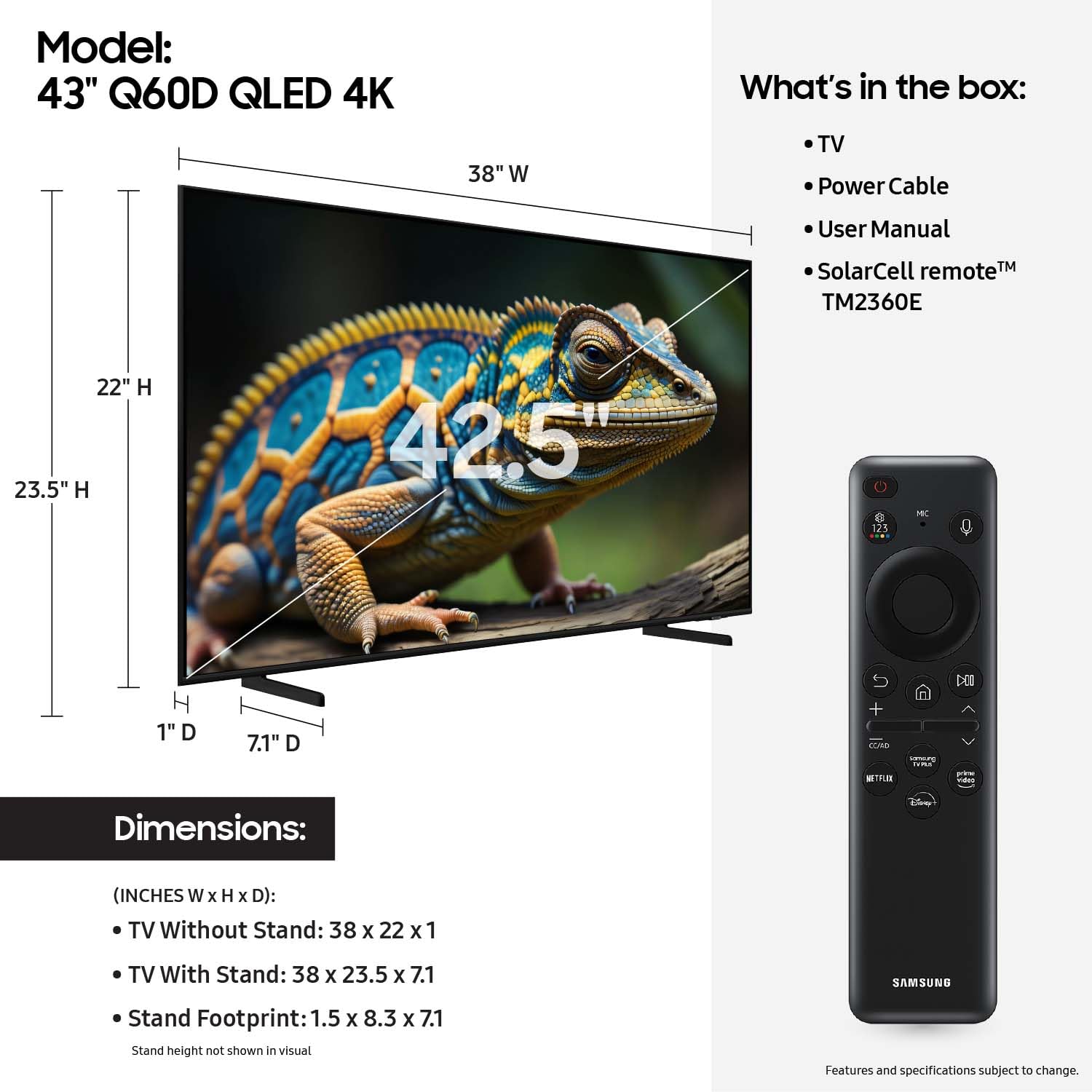 SAMSUNG 43 pulgadas clase QLED 4K Q60D Series Quantum HDR Smart TV con seguimiento de objetos Sound Lite, Motion Xcelerator, diseño delgado, centro de juegos, Alexa incorporado (QN43Q60D, modelo 2024)
