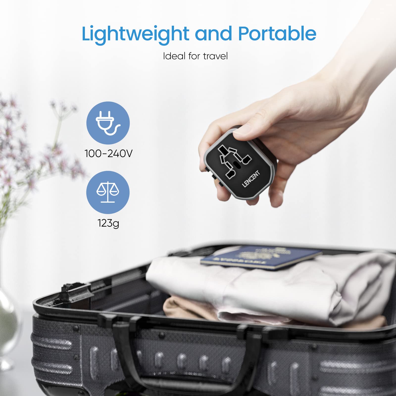 LENCENT Adaptador Enchufe de Viaje Universal, Cargador Internacional de 2 Puertos USB, Enchufe Tipo A/C/G/I para Más de 200 Países (EE. UU./Reino Unido/UE/Australia/Argentina/China), Negro