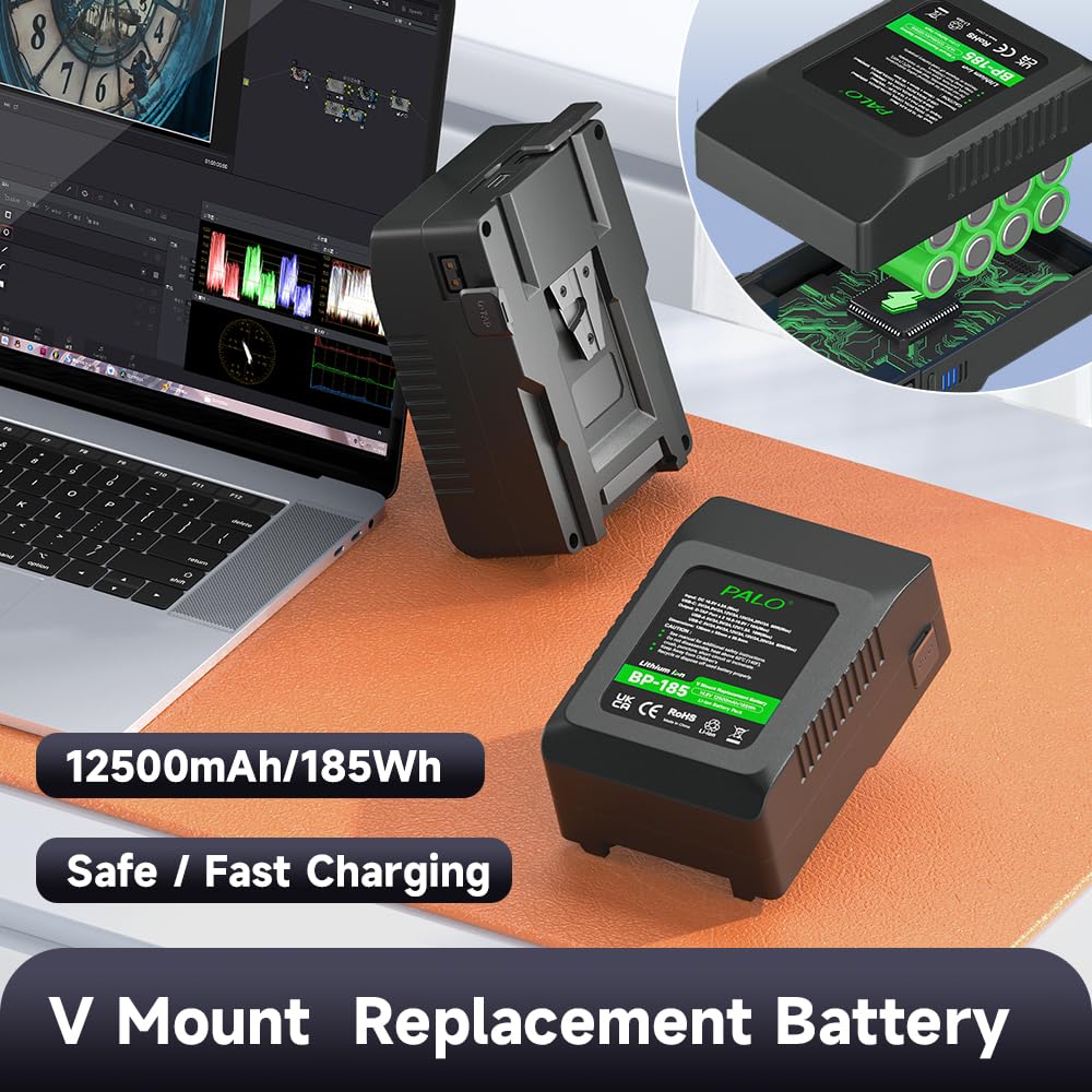 Batería V-Mount/V-Lock de 12500mAh 185Wh Paquete de 2, Batería Recargable Li-Ion con PD USB-C Cargador Rápido para Sony HDCAM, XDCAM, Broadcast Video cámara videocámara Monitor