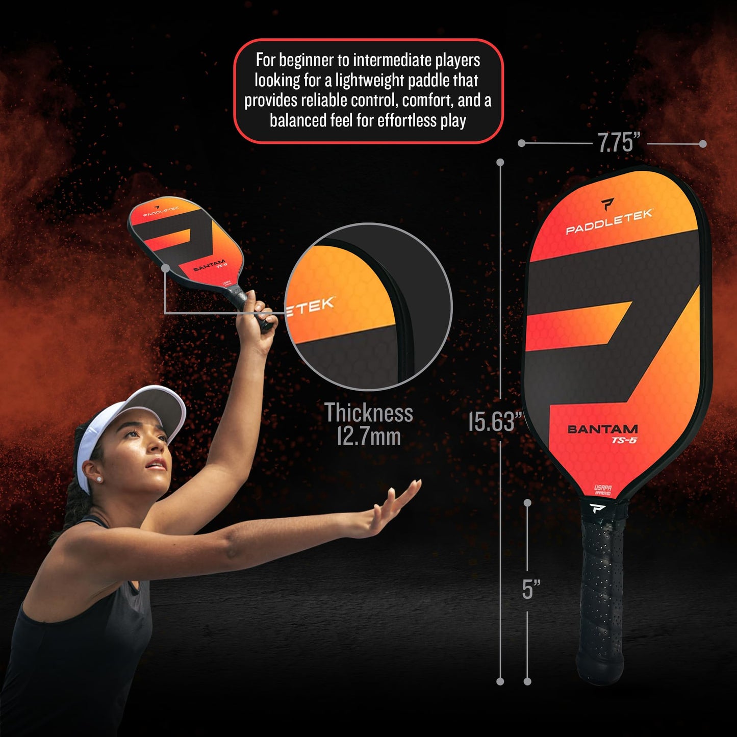 Paleta Profesional de Pickleball Paddletek Bantam TS-5 Epoxi Fibra Vidrio PoliCore Aprobada por USAPA