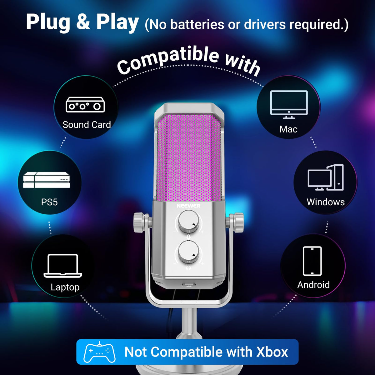 Micrófono USB NEEWER UM01 Plata Cancelación de Ruido RGB para Podcasting