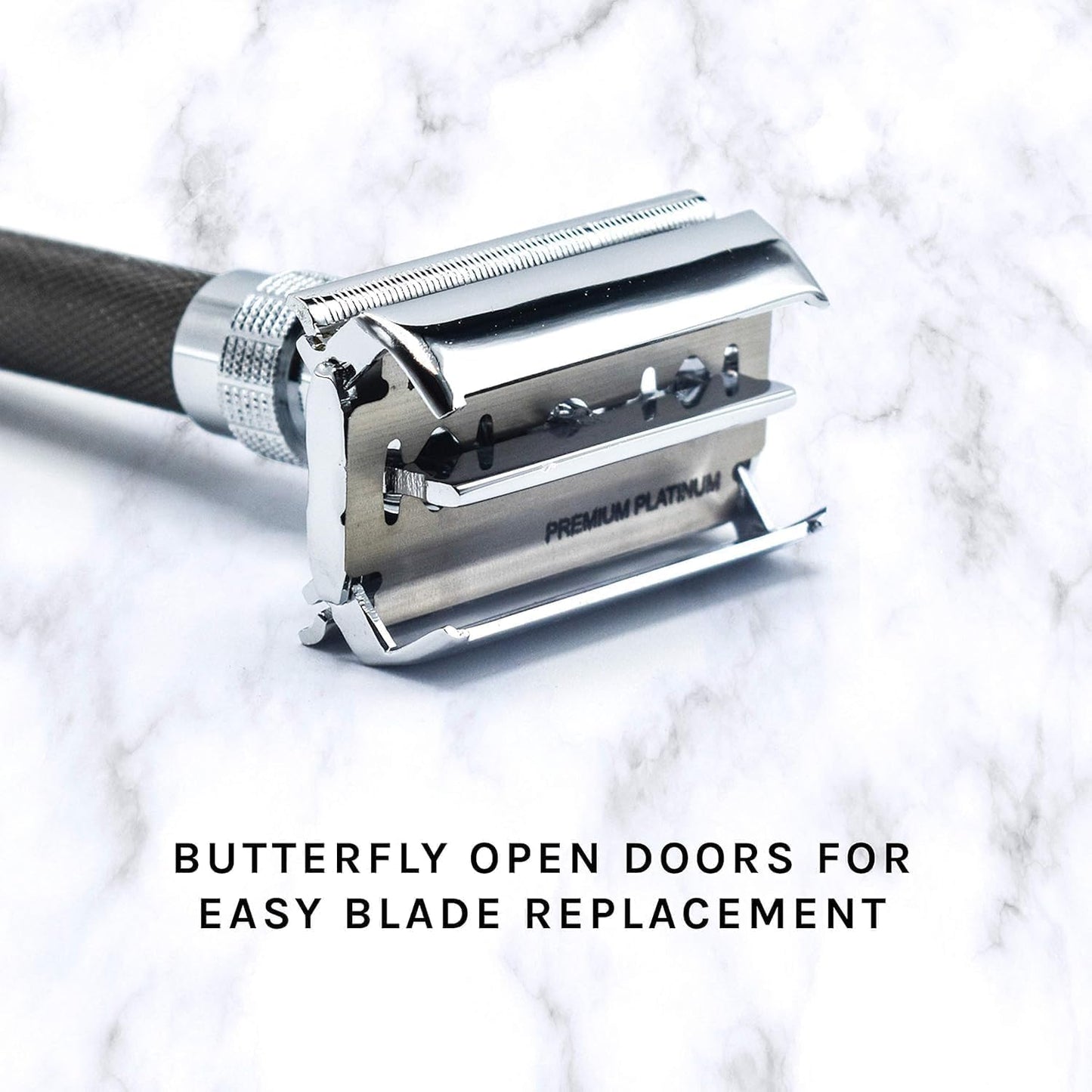 Parker 96R - Navaja de Afeitar de Seguridad Abierta de Mariposa de Mango Largo y 5 Cuchillas de Afeitar Parker