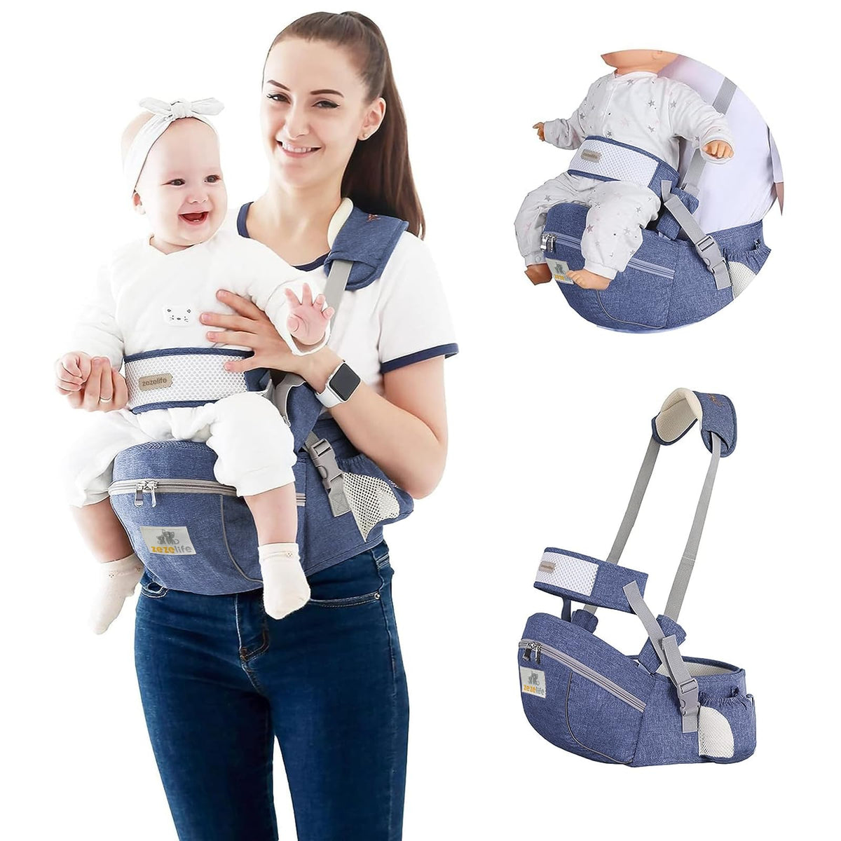 ZEZELIFE Portabebé Asiento de Cadera,Portador de Bebé Ergonómico Taburete de Cintura Algodón con Cinturón de Seguridad y Correa de Hombro Individual Posición Múltiple para Bebé Niños Recién Nacido 0-36 Meses