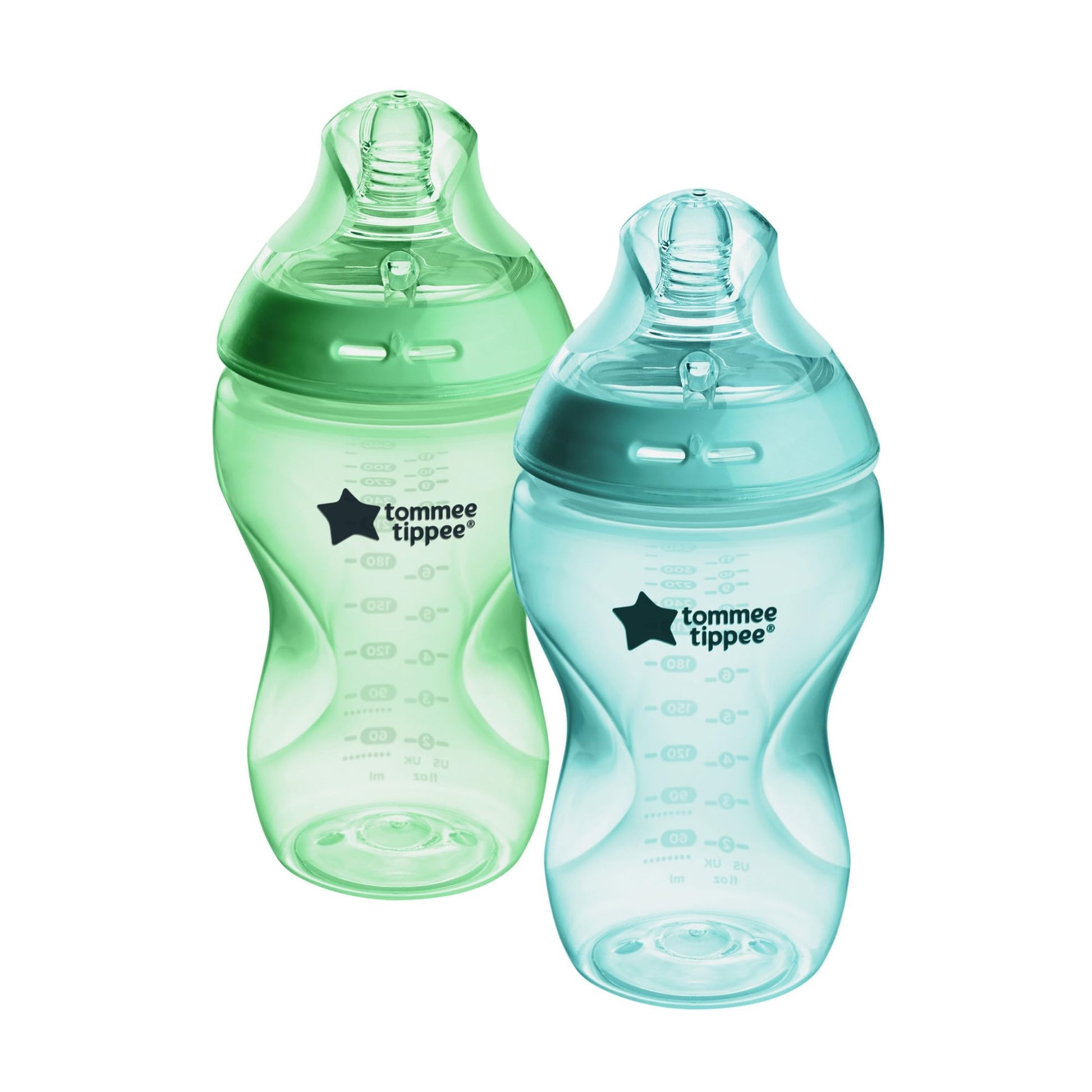 Tommee Tippee Natural Start Baby Bottle, 11oz, Months+, Thicker Feed, Breast-Like Nipple, Fiesta Colorful Bottles, Green and Teal, count