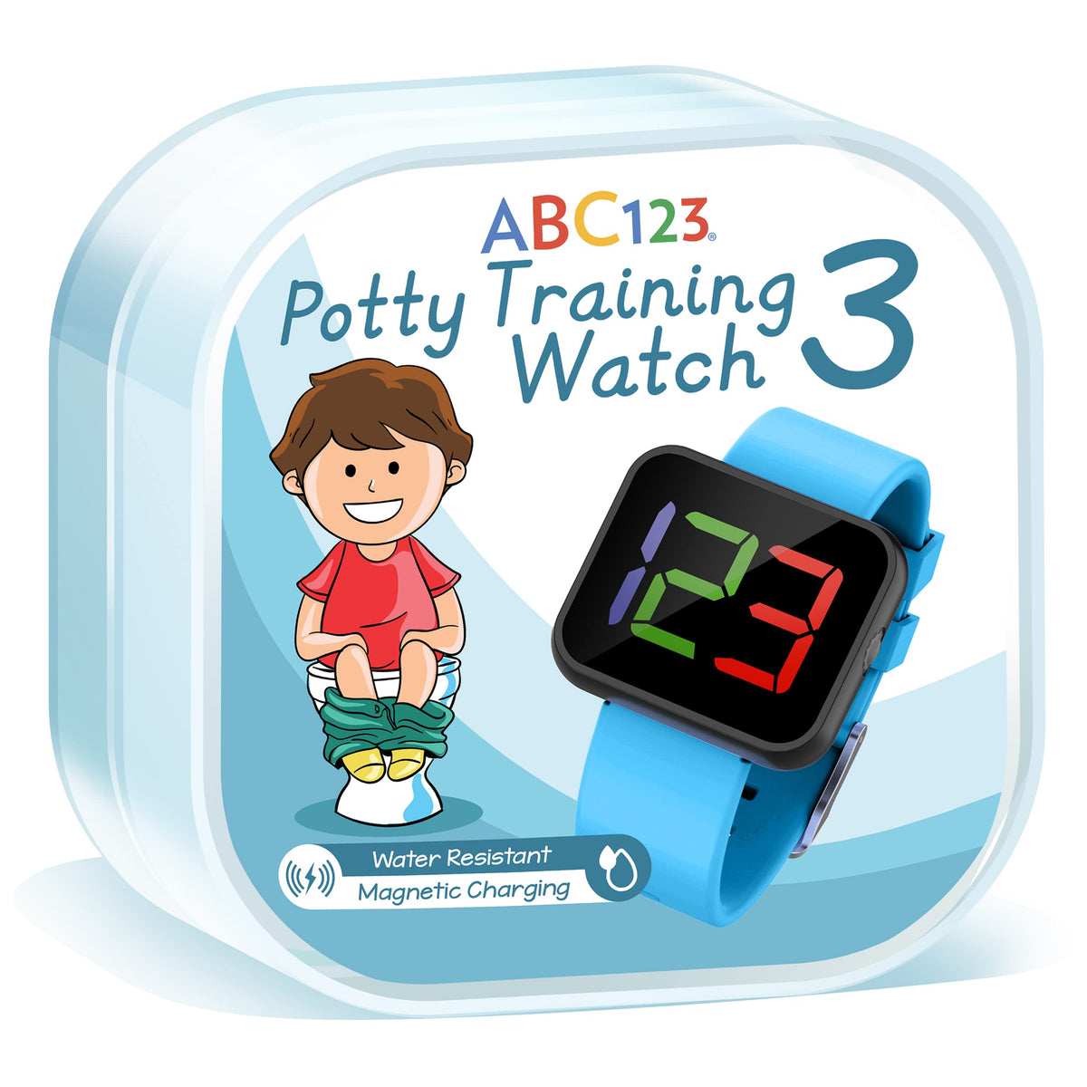 ABC123 Reloj de entrenamiento para ir al baño 3 (edición 2023) – Recordatorio de bebé Temporizador resistente al agua para entrenamiento de inodoro, niños y niños pequeños con carga inalámbrica (azul)