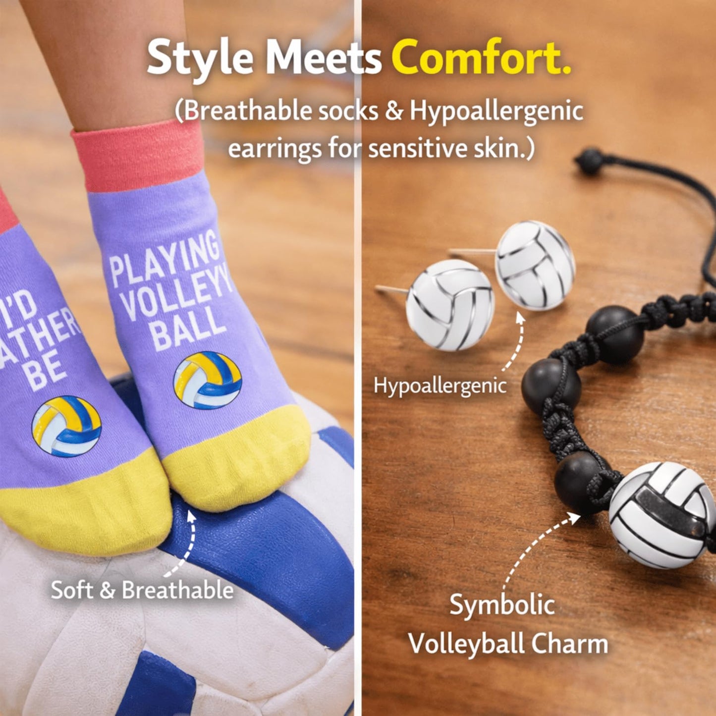 Flotreif - Juego de regalos de voleibol para adolescentes, regalos de voleibol, calcetines divertidos de voleibol, aretes de voleibol, bolsa de maquillaje, 50 unidades, 5 unidades, regalos de voleibol