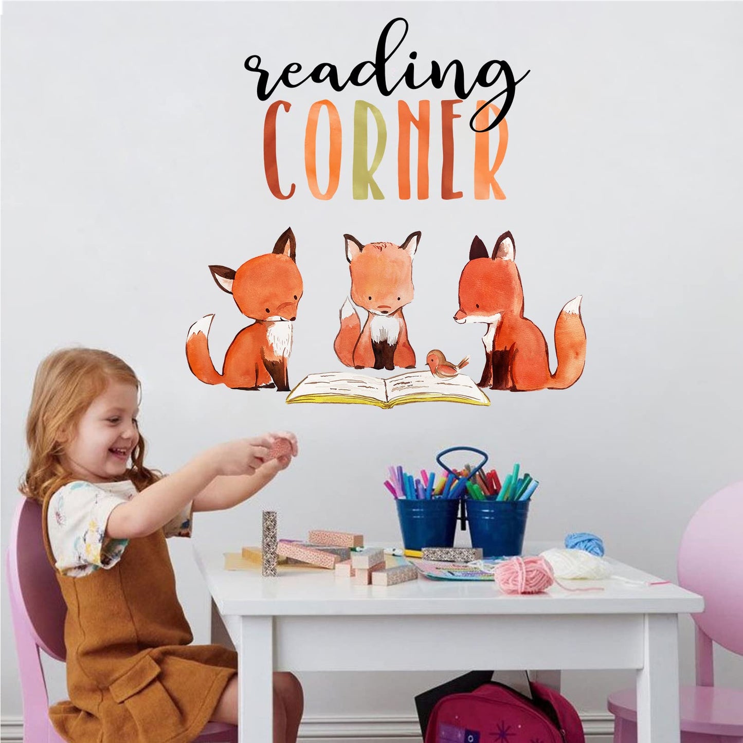 Mfault Foxes - Calcomanías de pared para niños y niñas, calcomanías de pared extraíbles de animales del bosque, libros de lectura, decoración de sala de juegos, recámara, arte de aula, biblioteca de