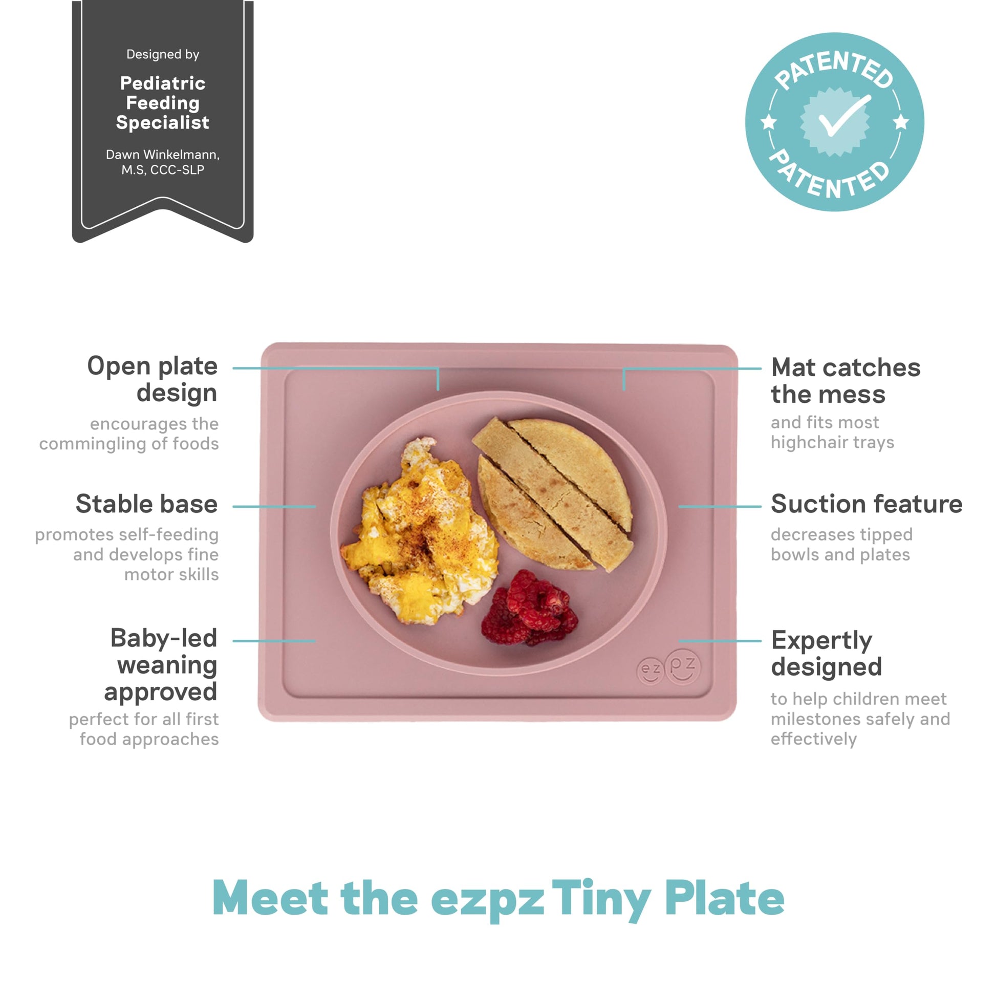 ezpz Tiny Plate (Blush) - Mantel individual de silicona con succión + plato para bebés - 6 meses + - Suministros de destete LED para bebés - Se adapta a la mayoría de bandejas para sillas altas