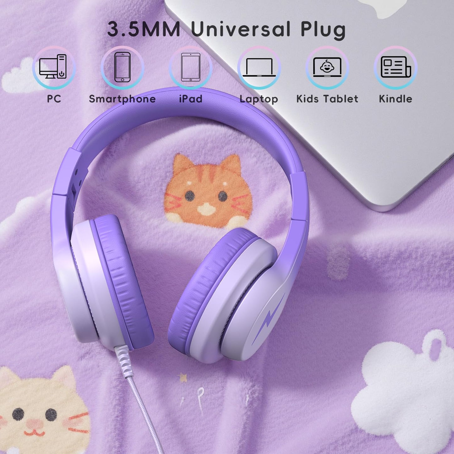 Candy Bila - Auriculares con cable para niños, con micrófono, limitador de volumen de 85/94 dB para niñas y niños, auriculares plegables para aprendizaje y entretenimiento, color morado oscuro