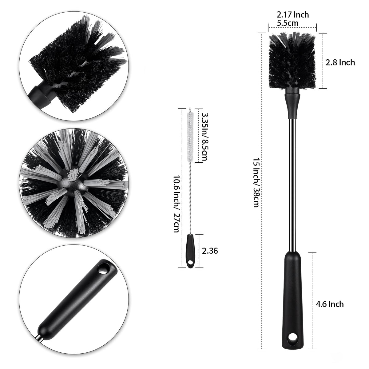 Cepillo para botella de agua con limpiador de pajilla, mango de acero inoxidable de 15 pulgadas, cepillo limpiador para biberones, cepillos de limpieza para cocina para tazas, copas de vino, tazas de