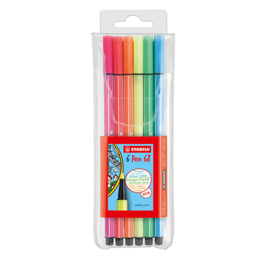 Bolígrafo de punta de fieltro de alta calidad STABILO Pen 68 – portafolios de 6 – Colores neón