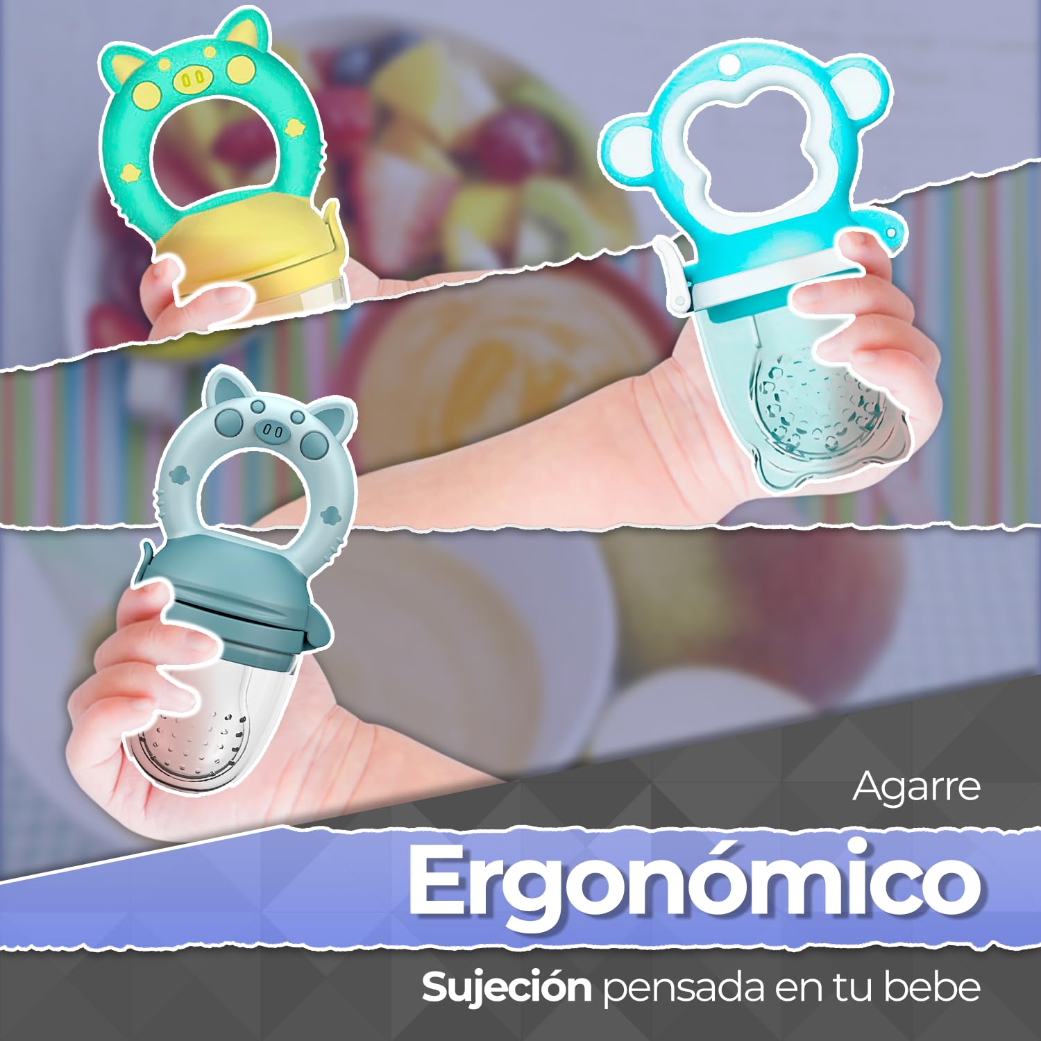 Chupones alimentadores para frutas y papillas con tapa libre de bpa, dibujos animados, 4m+ 3 piezas (pig azul / dino verde amarillo / monkey azul)