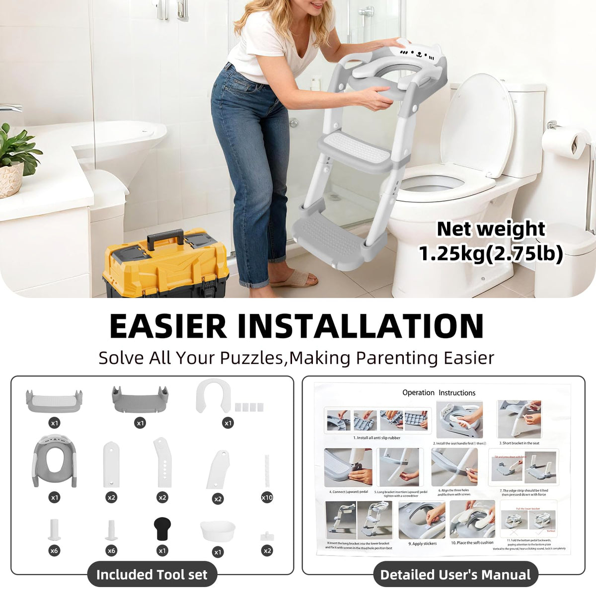 Asiento de entrenamiento para ir al baño, asiento de inodoro para niños y niñas, inodoro 3 en 1 con taburete de escalón, antideslizante plegable (gris + blanco)
