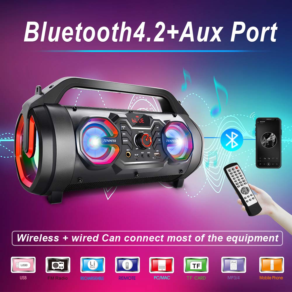Altavoz Bluetooth portátil con subwoofer, altavoces inalámbricos con graves en auge, radio FM, luces RGB, EQ, sonido estéreo, tiempo de reproducción de 10 horas, altavoz de 30 W para el hogar, al aire