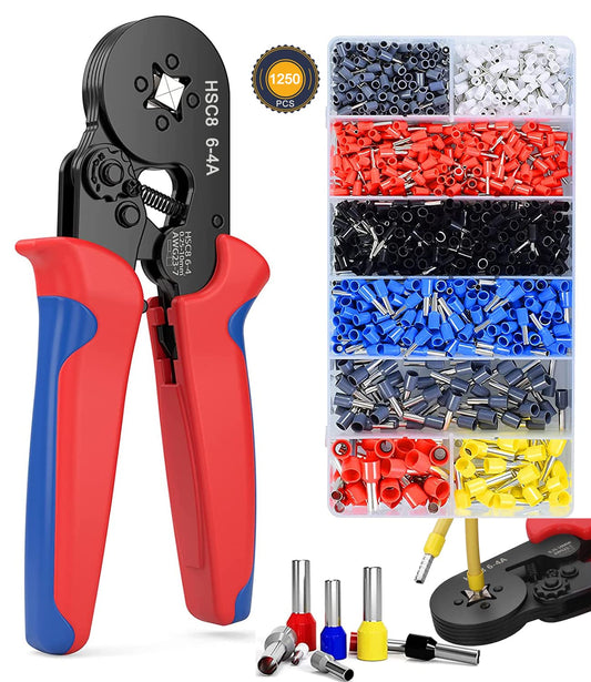 Kit de herramientas para prensar (AWG23-7) Juego de alicates para prensar Alicates de trinquete autoajustable Kit de herramientas para prensar cables con 1250 piezas de terminales de cables Conectores para prensar collares de extremos de cables Adecuado p