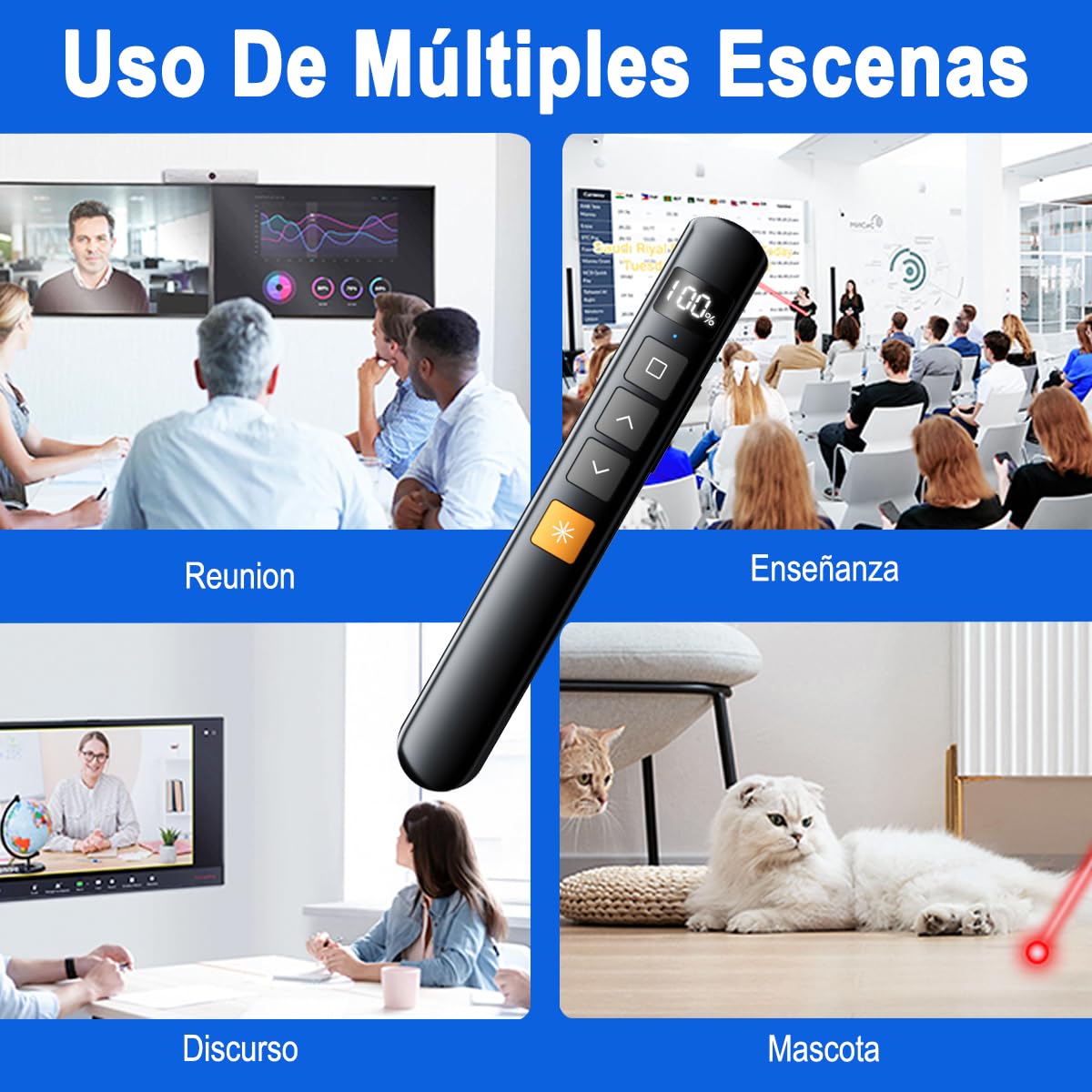 Presentador Inalámbrico LED USB Recargable con Pantalla Digital y Control de Volumen para Presentaciones en Windows y Mac