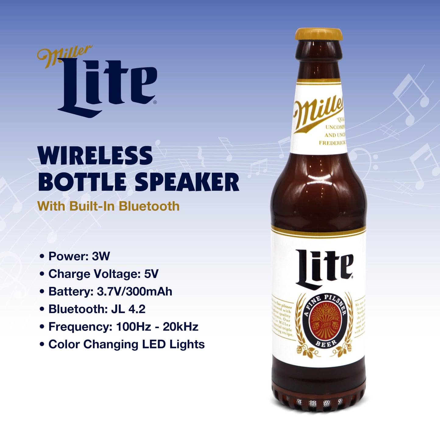 Miller Lite - Altavoz Bluetooth en forma de botella con estéreo de alta fidelidad, a prueba de salpicaduras, tiempo de reproducción 6H y puerto AUX, ideal para exteriores, fiestas en interiores,