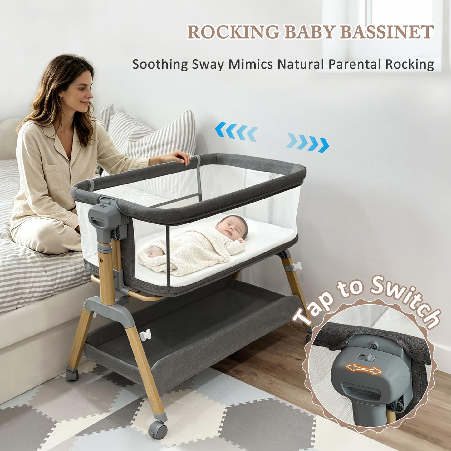 Bolmen - Moisés para bebé, cuna 3 en 1, cuna de noche ajustable de 7 niveles de altura con malla transpirable y ruedas con bloqueo, estable y seguro para recién nacidos (gris oscuro)