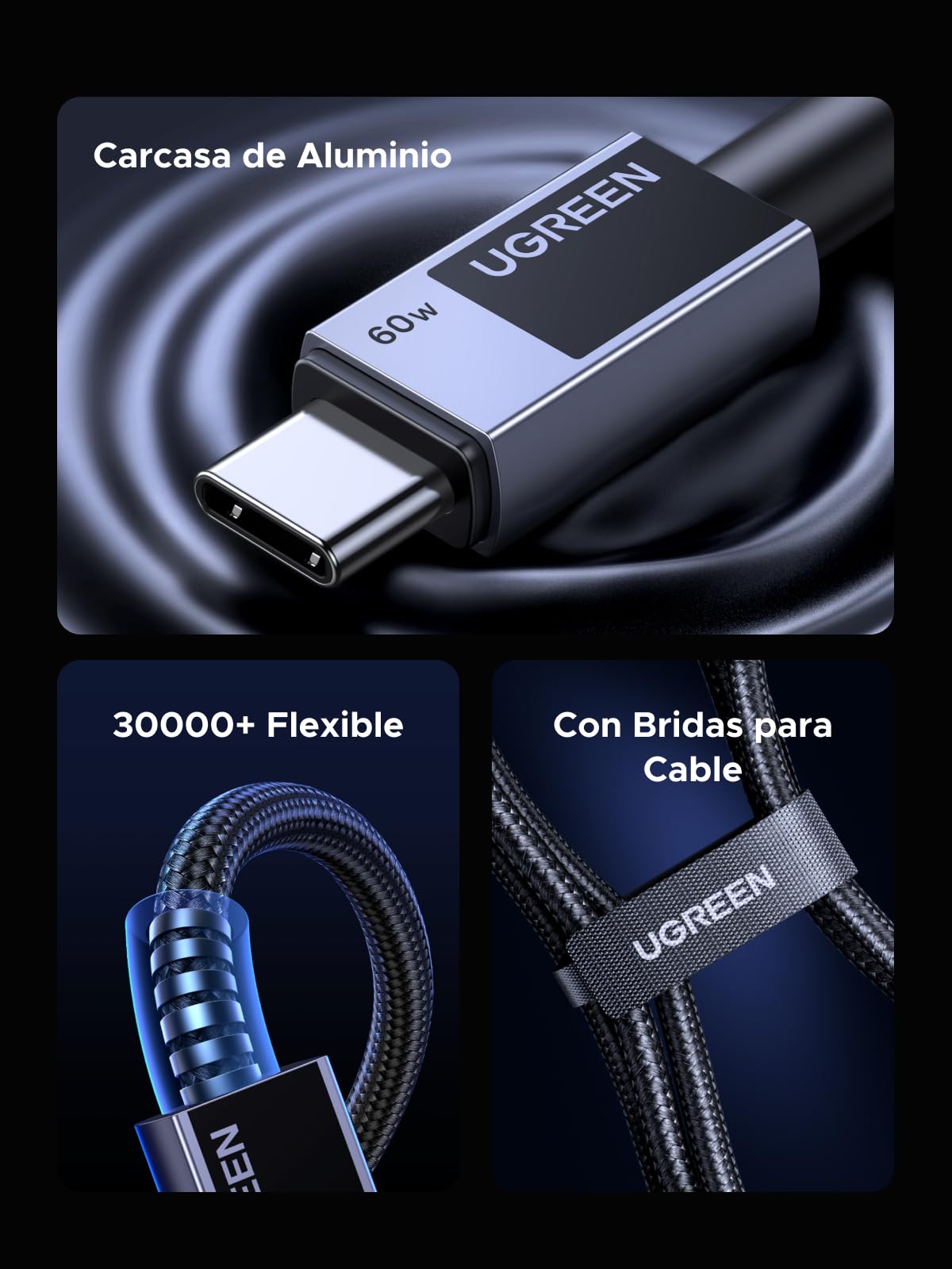 Cable USB C a C UGREEN 2M 60W Rápido Negro