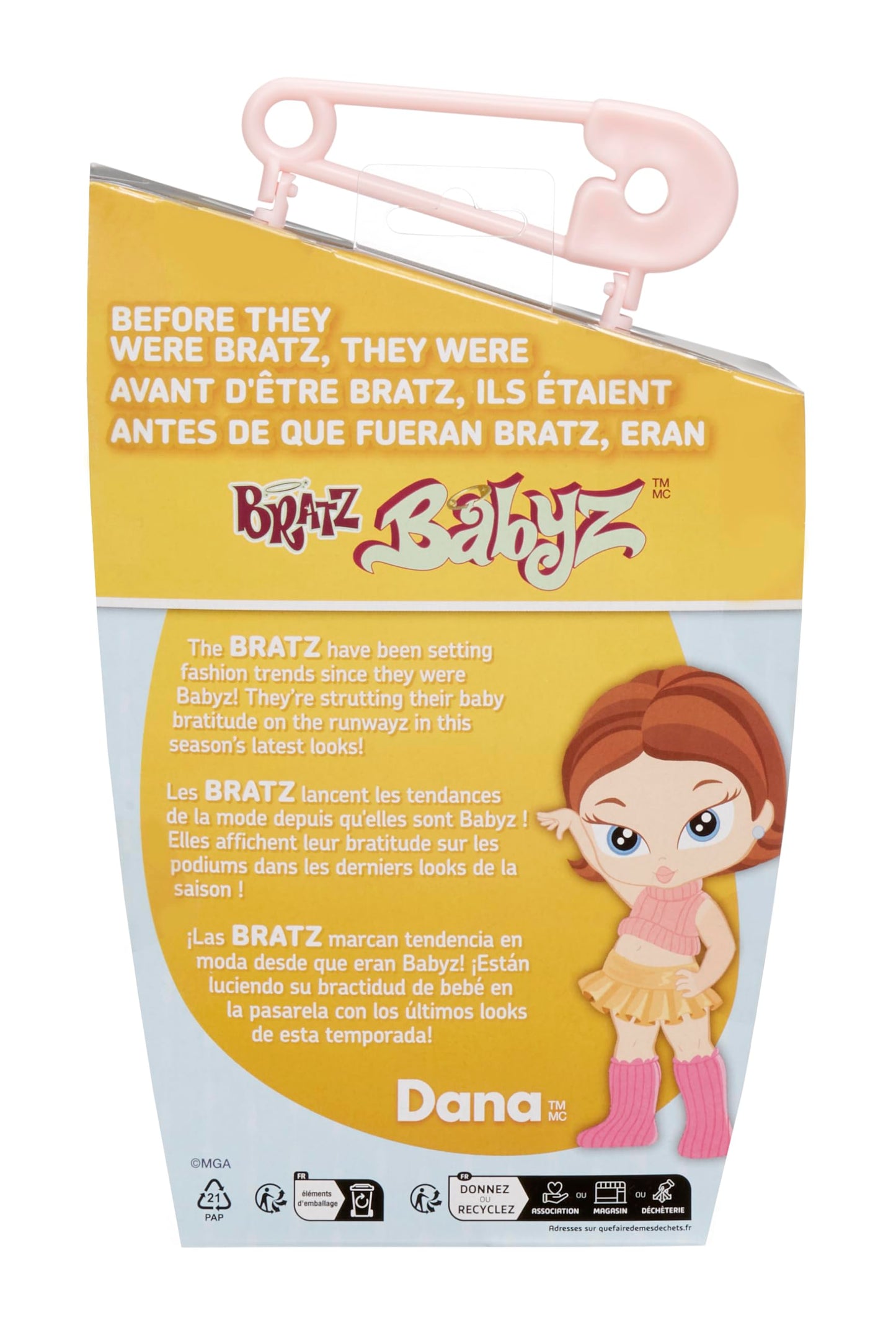Bratz Babyz Runwayz - Dana - 1 Muñeca de Moda Coleccionable con Conjunto Elegante, Muñeca Bebé con Collar Que Funciona como Llavero - Juguete Infantil - Ideal para Niños y Niñas Mayores de 6 Años