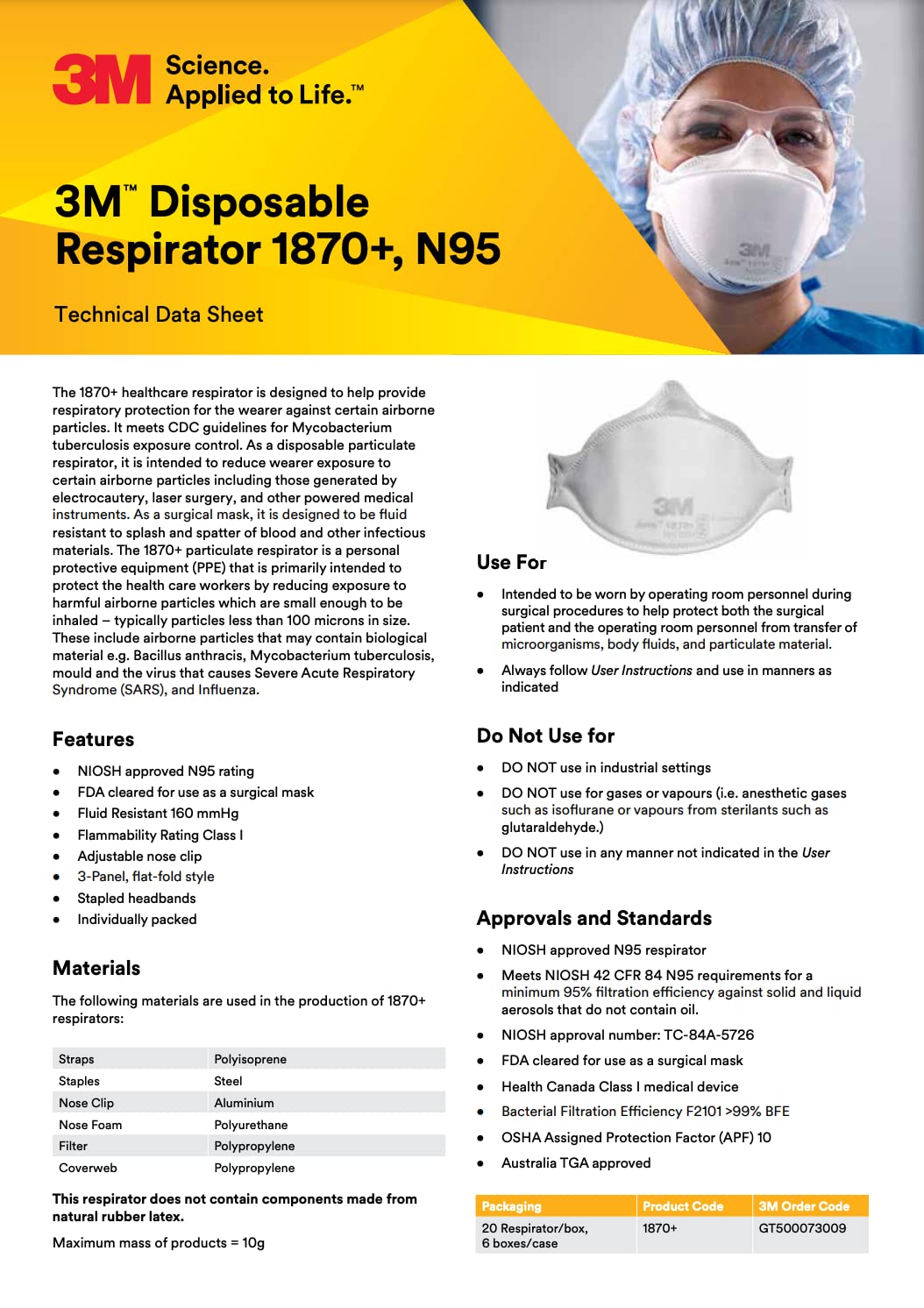 Mascarilla 3M Aura 1870+ Certificado Niosh Paquete 20