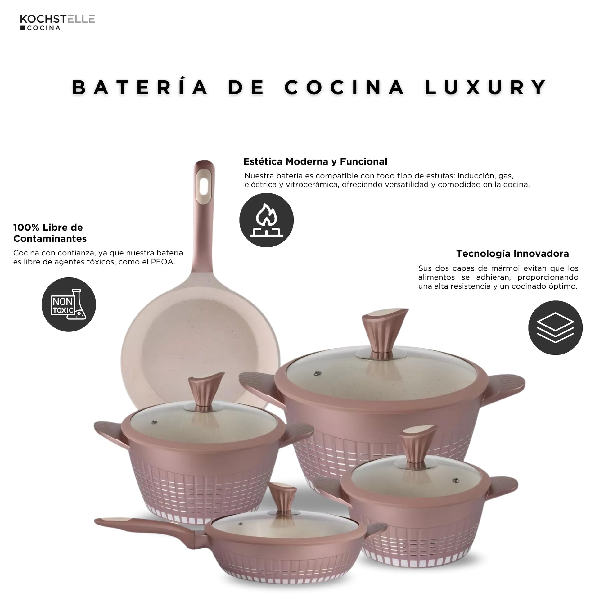 KOCHSTELLE - Bateria de Cocina de 13 Piezas con Revestimiento de Mármol Antiadherente sin PFOA y 2 Juegos de Protector de Silicona | Cacerolas, Ollas y Sártenes | Profesionales Premium