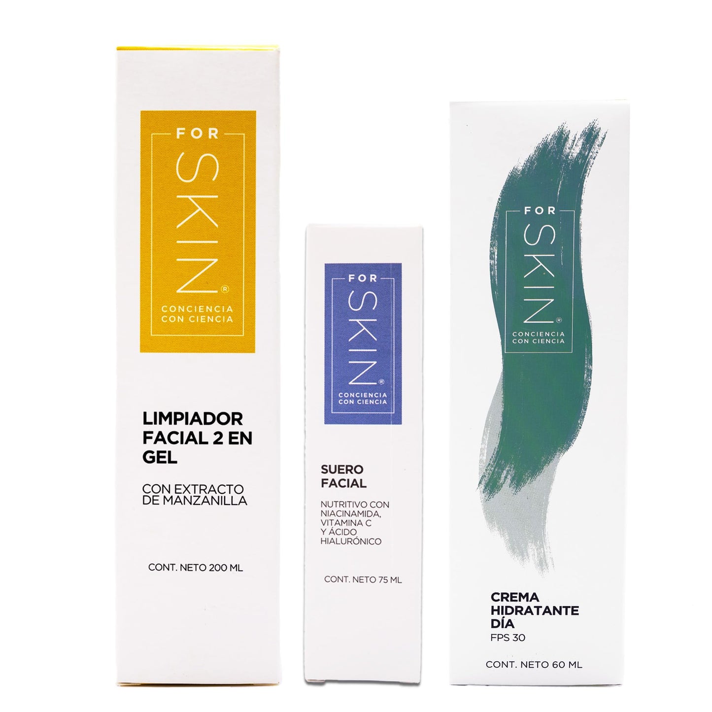 For Skin KIT 3 piezas: Limpiador de Manzanilla 200 ml, Suero nutritivo hidratante 75 ml, y crema de día con protector solar 60 ml | Rutina completa de cuidado facial para todo tipo de piel