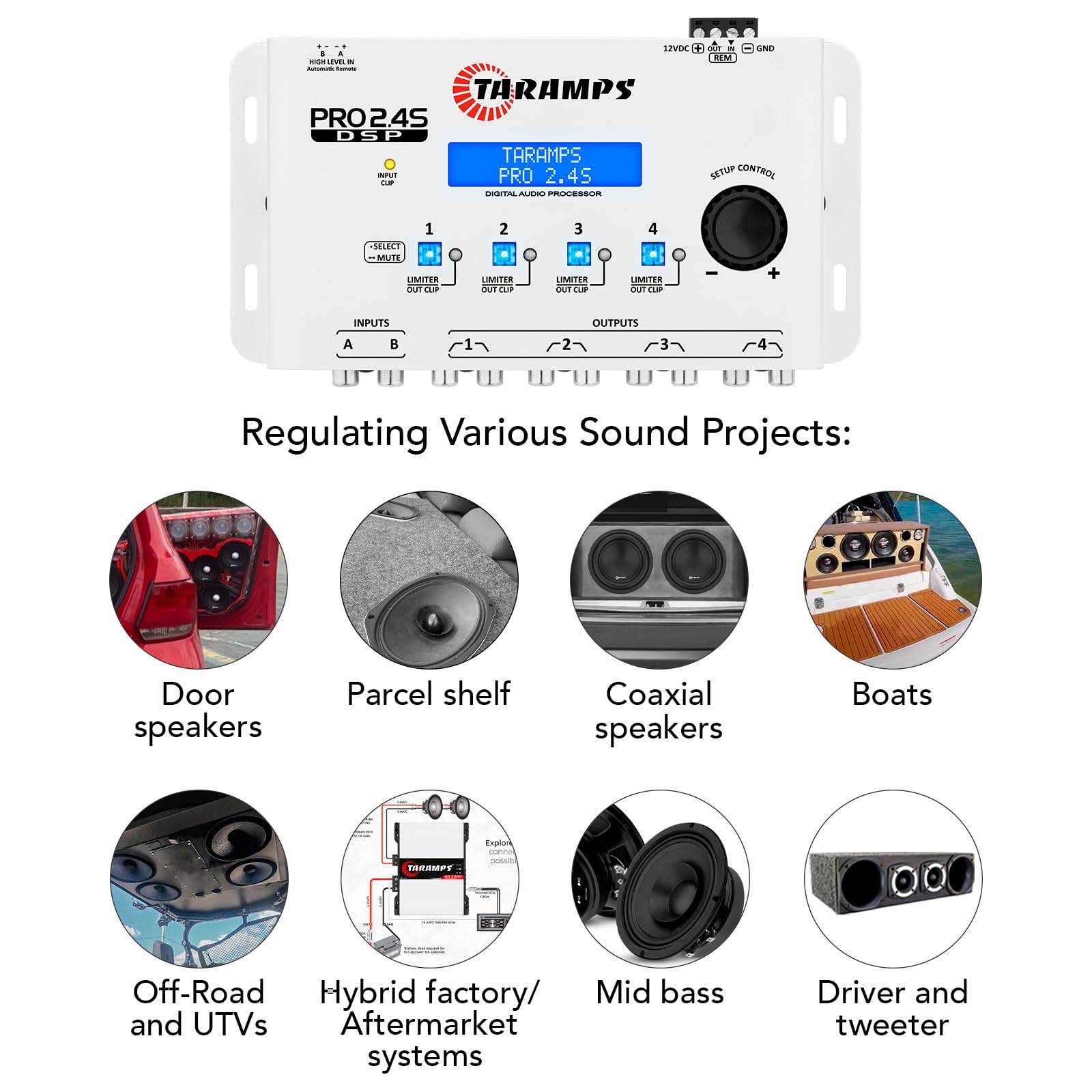 Crossover Taramps DSP Pro 2.4S Blanco con Ecualizador Gráfico para Automóvil