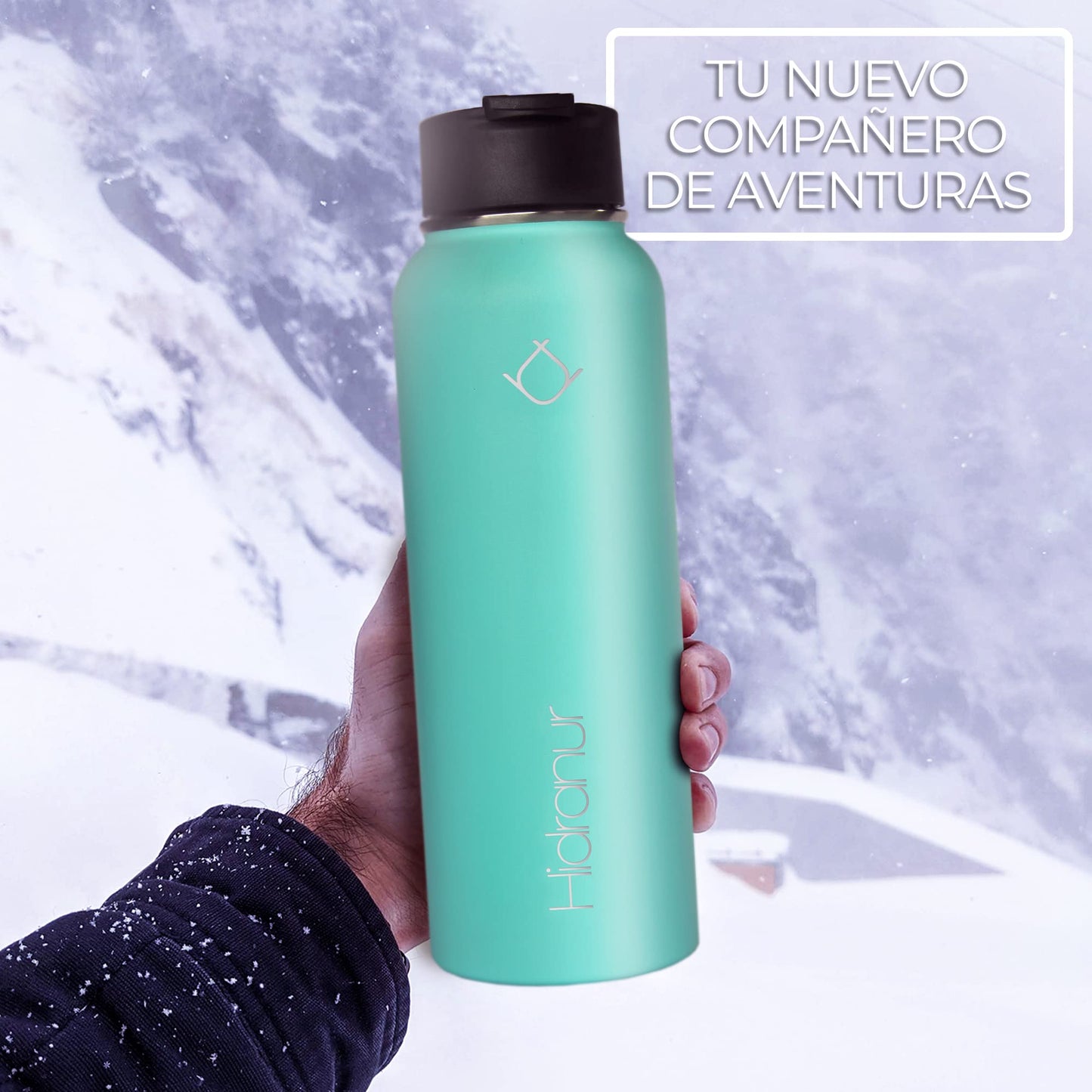 Hidranur Termo de Acero Inoxidable Doble Aislamiento Térmico, Termo Para Café 32 oz (946.35 ml), 3 Tapas Herméticas, 2 Popotes, 24 Hrs de Agua Caliente y Fría (Turquesa, 32 Oz (946.35 ml))