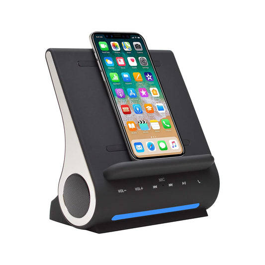 Azpen Dockall D100 - Qi Wireless Charger, Bluetooth Premium Speakers, Docking Station with Built in Mic Handsfree Call, 3 in 1 Station for iPhone and Samsung Phone