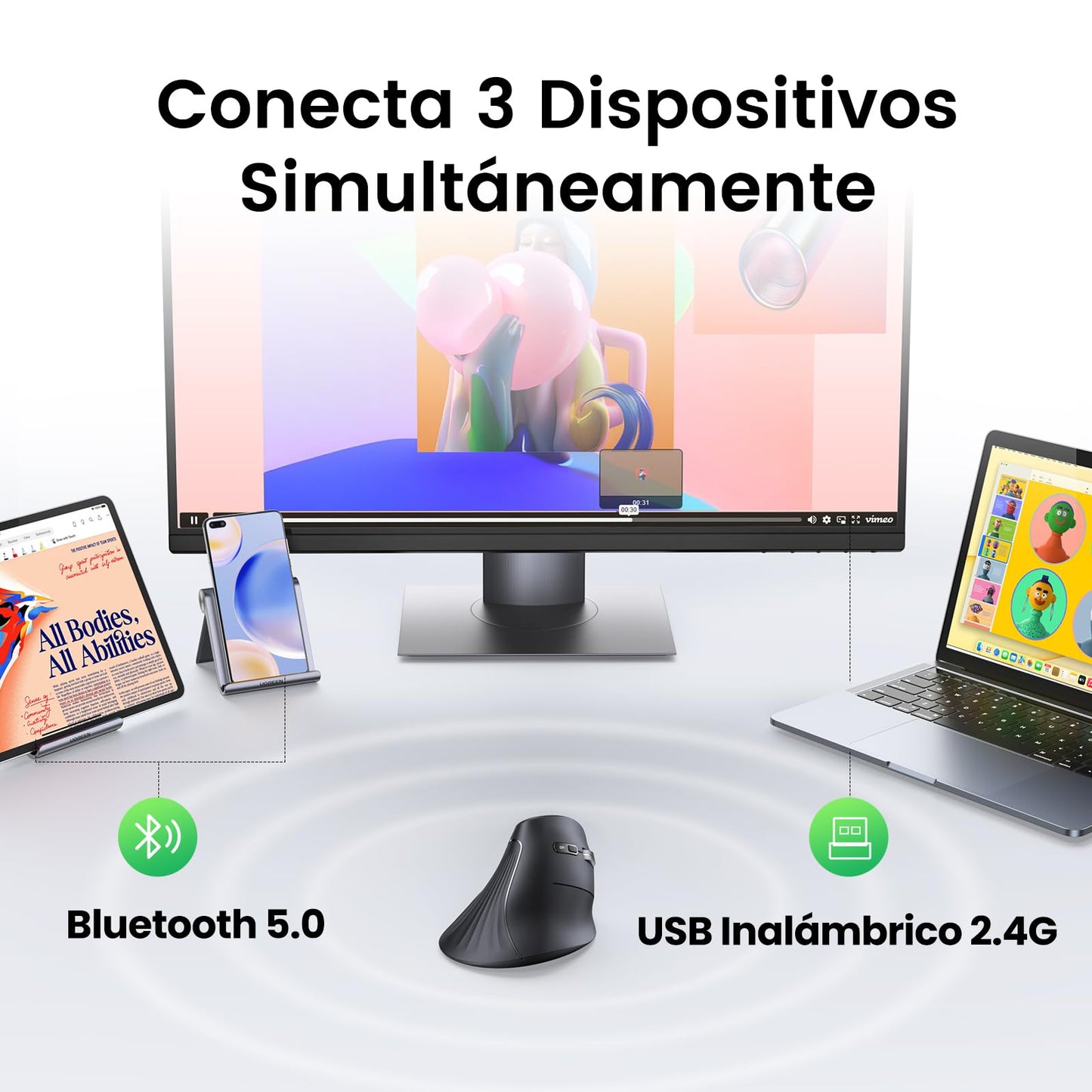 Mouse Ergonómico Inalámbrico UGREEN Negro con 5 Botones y Bluetooth Ideal para Windows, Linux, Mac, Android y Chrome