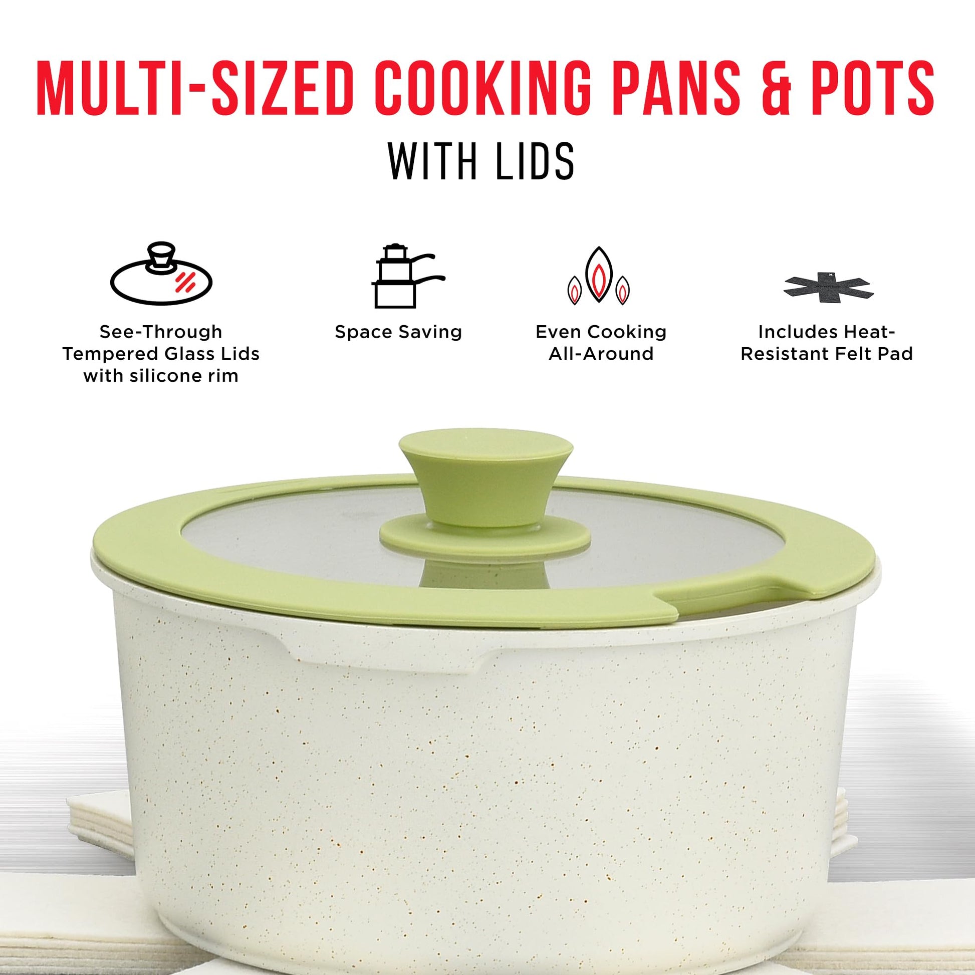 Bakken 15-Piece Non-Stick Cookware Set with Detachable Handles – Granite Stackable Pots and Pans Set, Dish Washer Safe, Oven-Safe, and Compatible Kitchen Essential for All Stoves – Green/Cream