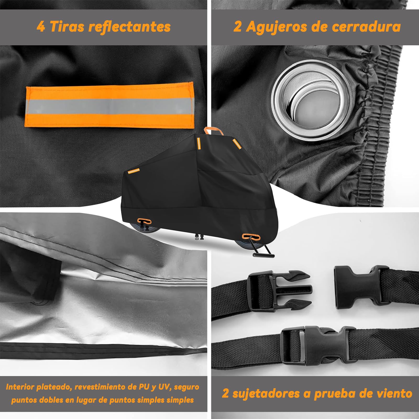 Funda para Moto Impermeable，Cubierta de motocicleta resistente de tela Oxford 210D,Anti-UV Anti Desgarro Universal con Bolsa de Almacenamiento con 4 Tiras Reflectantes y 2 Orificios para Cerradura