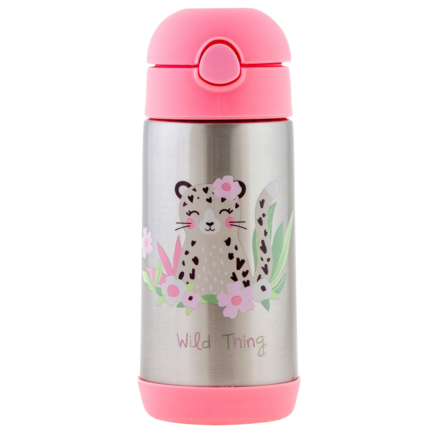 Stephen Joseph Botellas de acero inoxidable de doble pared, botella de agua aislada para niños pequeños, botella aislada al aspiradora con popote, botella de agua sin BPA, 12 onzas, LEOPARD