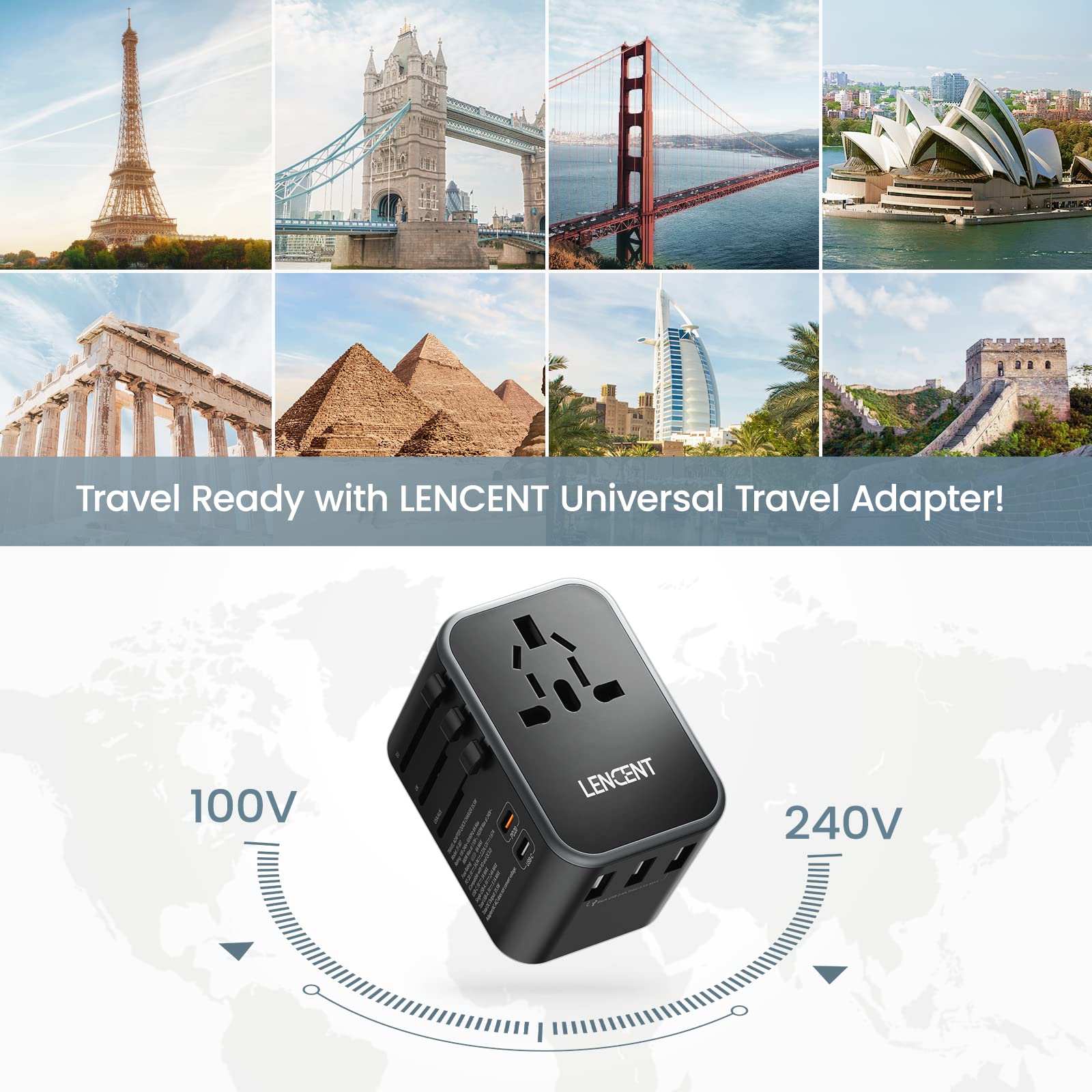 LENCENT Adaptador Universal de Viaje, Cargador Internacional con 3 Puertos USB & 2 PD USB-C, Adaptador Cargador Europeo con Enchufe Tipo A/C/G/I para USA/UE/Reino Unido/Australia/Argentina/China
