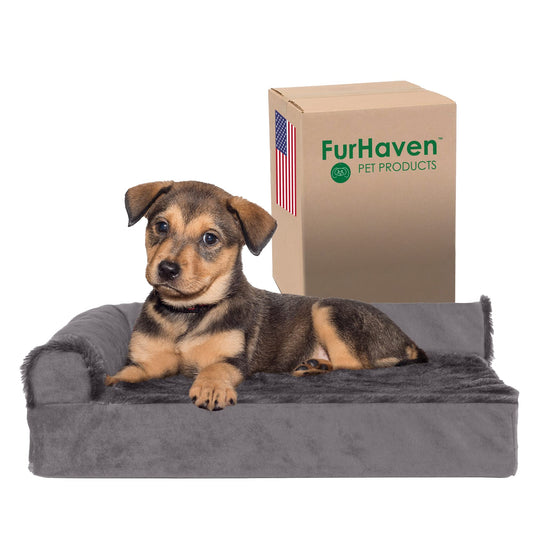 Furhaven - Cama ortopédica para Mascotas, para Perros y Gatos | Sofá de Piel sintética y Terciopelo | Cama para Perro con Funda extraíble Lavable, Color Gris Ahumado, pequeño