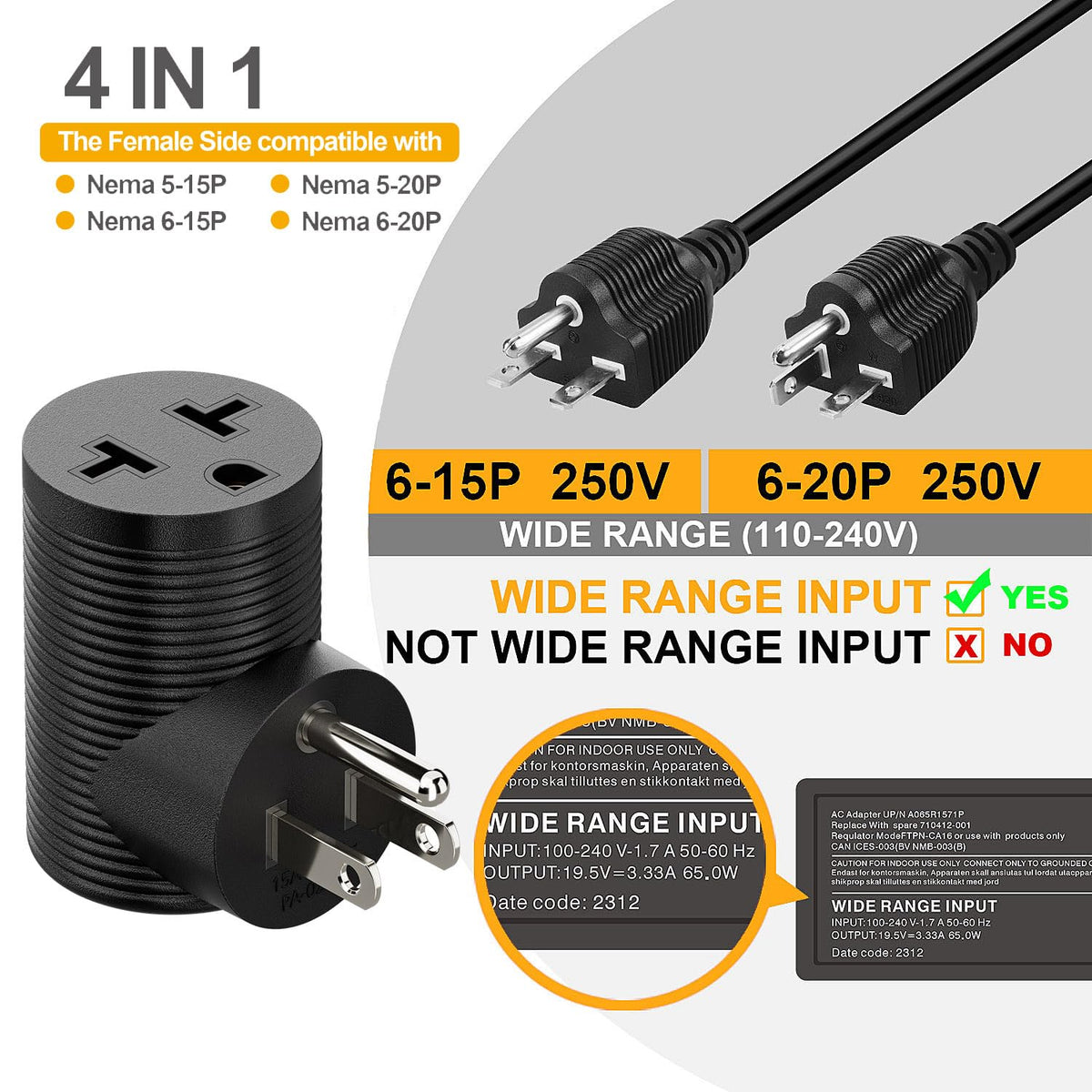 Adaptador de Corriente Plugrand Negro 4 en 1 90 Grados 15A a 20A
