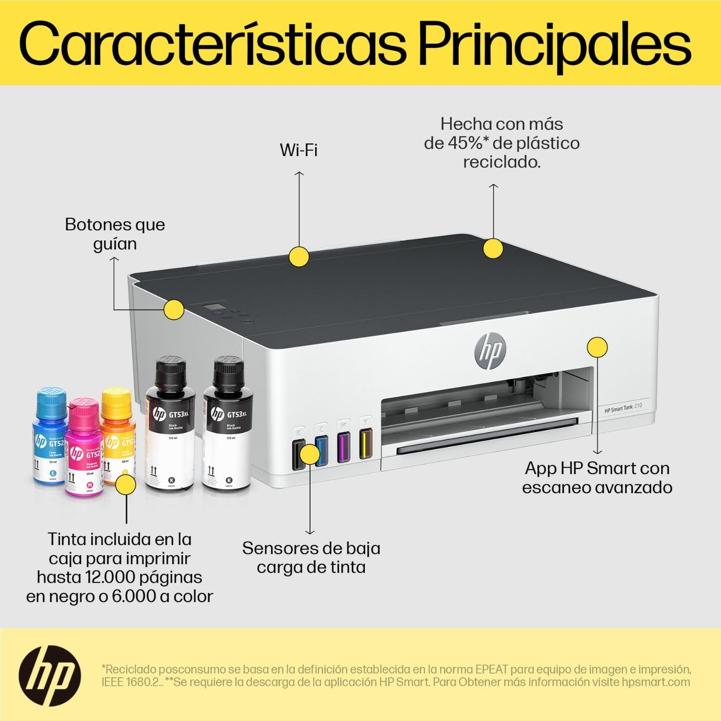 HP Impresora Smart Tank 210, Tinta Continua, Color, Wi-Fi,USB, Bluetooth, Dúplex (Doble Cara) Manual, Impresión Smart App, hasta 2 años de Garantía* (3D4L3A)