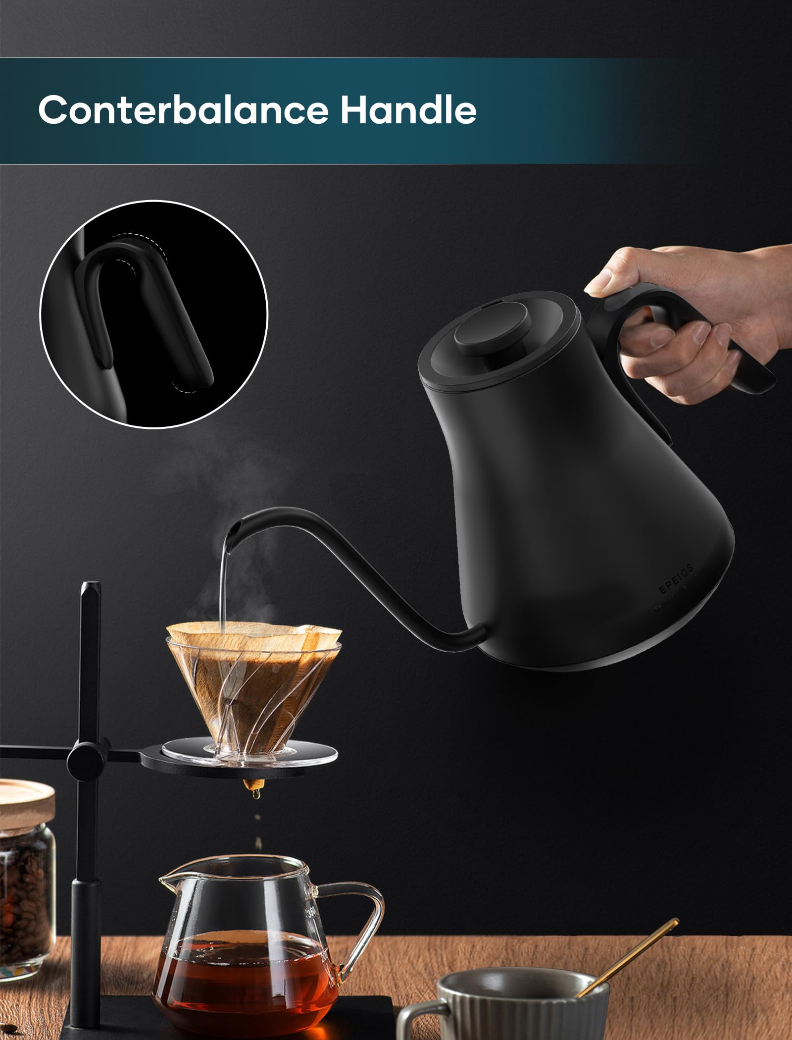 INTASTING Hervidor eléctrico de cuello de cisne, control de temperatura ± 0.5 °C, interior de acero inoxidable, calentamiento rápido, para verter sobre café o té, hervir agua, 0.9 L, negro