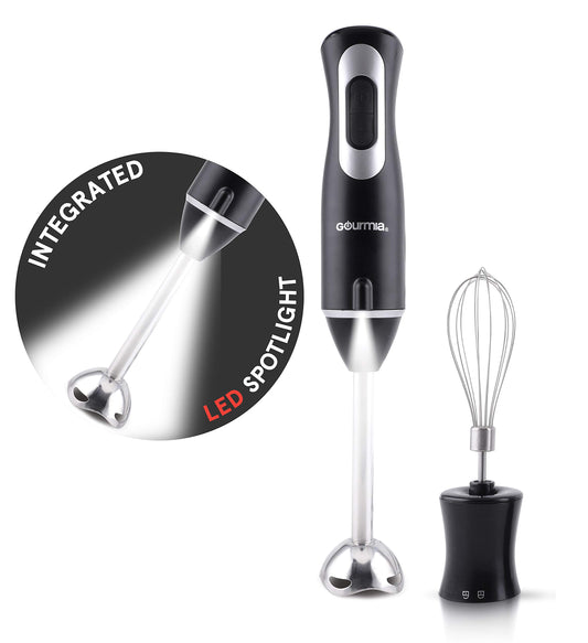 Gourmia GHB2360 Batidora de mano de inmersión iluminadora de 12 velocidades con modo turbo - Mango ergonómico cómodo - Accesorio de batidor incluido - Foco LED integrado - Motor de 300 W - Negro