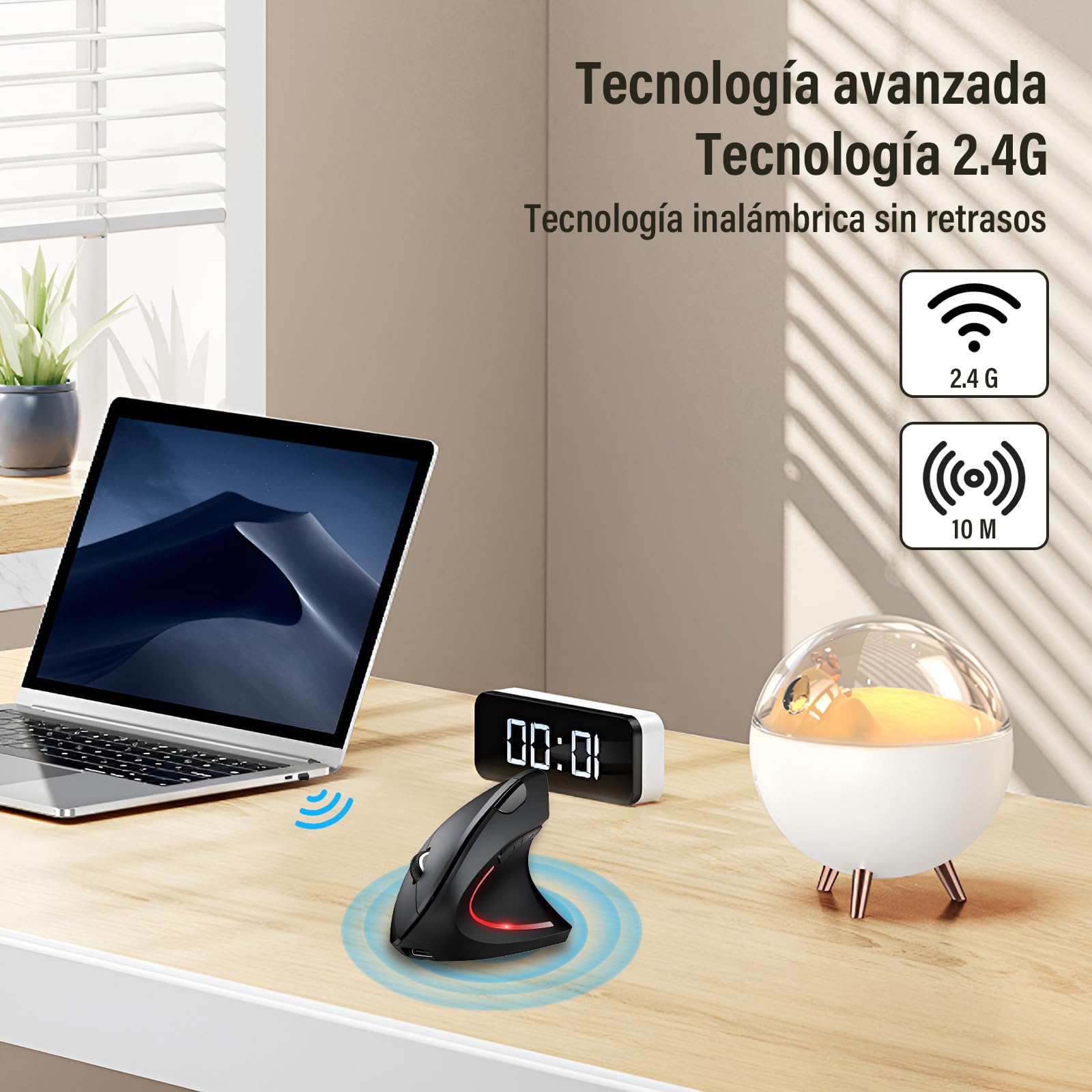 KIROGILY Mouse Inalámbrico Ergonómico Recargable, Mouse Vertical de Bluetooth y 2.4Ghz con 3 DPIs Ajustables, Mouse Mate de 6 Botones con Receptor USB, Compatible con Sistema Windows y Mac.(Negro)