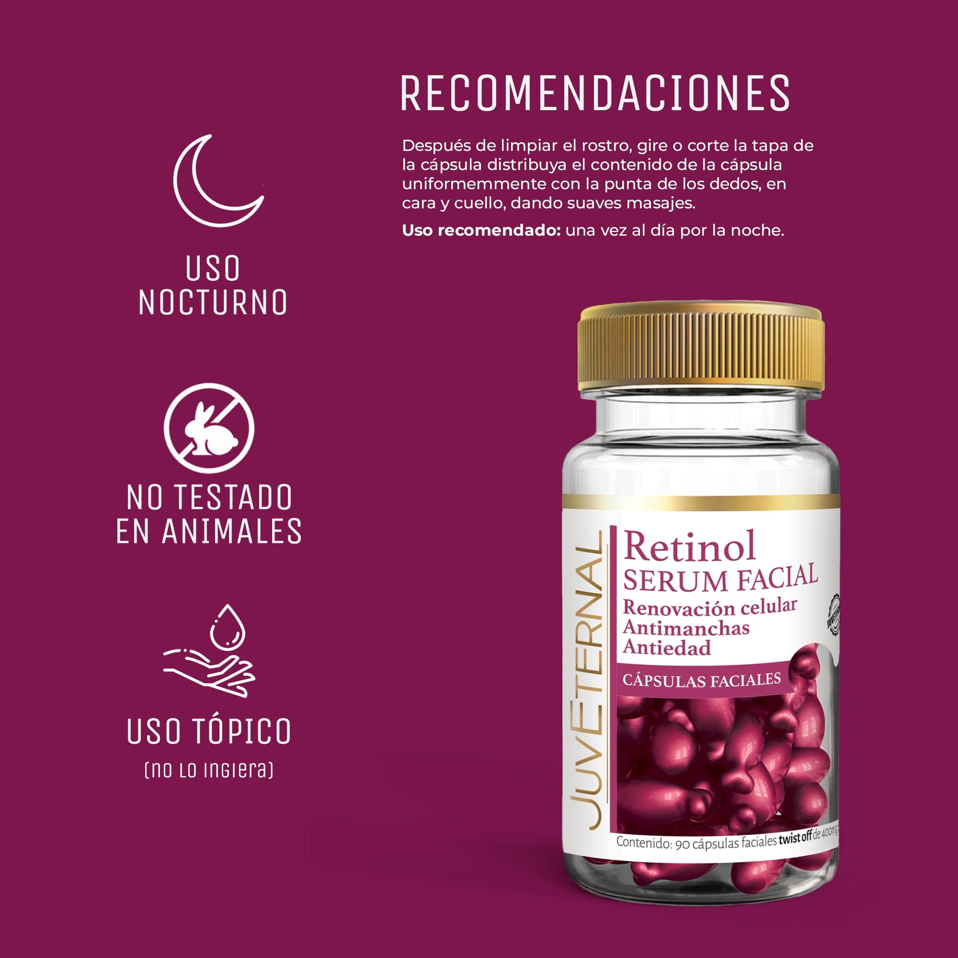 Juveternal Duo Cápsulas Faciales Retinol Cápsulas Faciales Acido Hialuronico 90 caps c/u Renovación celular Antimanchas Antiedad Hidrata Reafirma y Retexturiza la piel