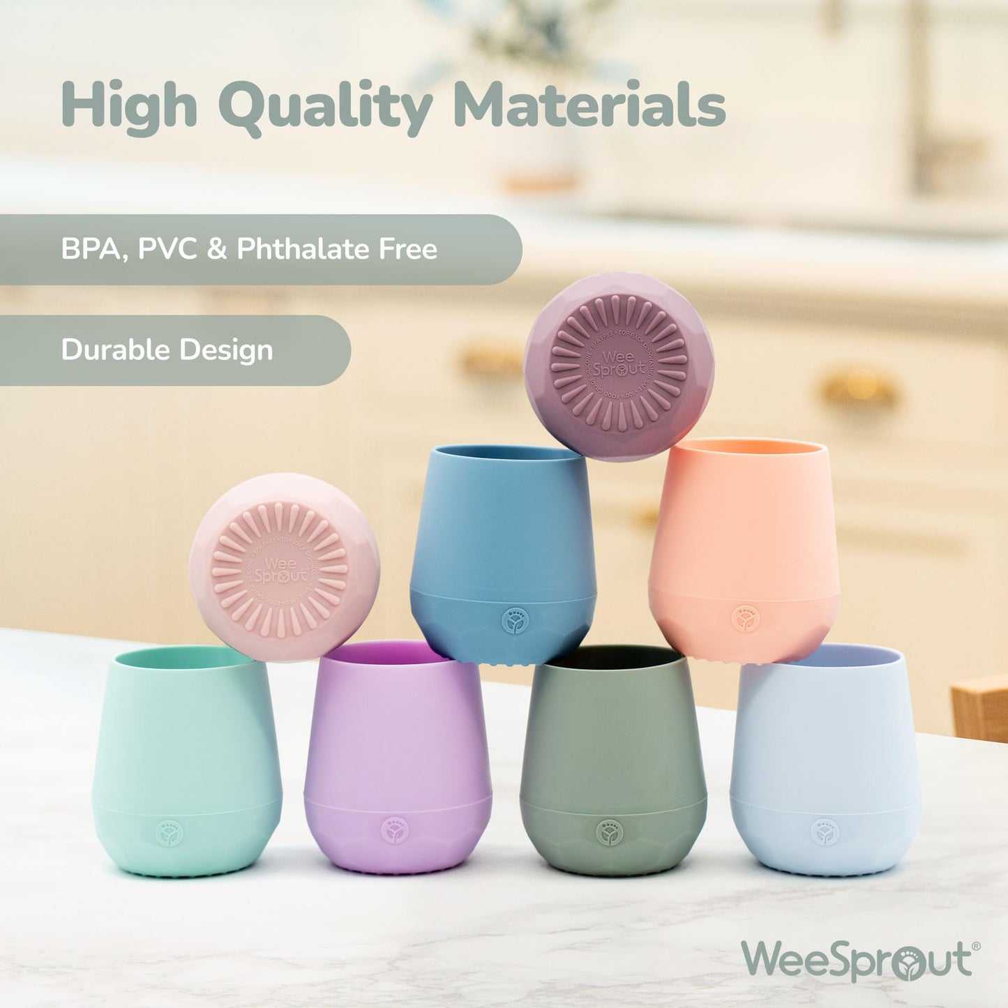 WeeSprout Vasos de silicona para bebés - Juego de 2 vasos de silicona suave - Vaso abierto de 56 g para bebés de 6 meses en adelante - Agarre antideslizante, base con peso - Suave para encías y diente