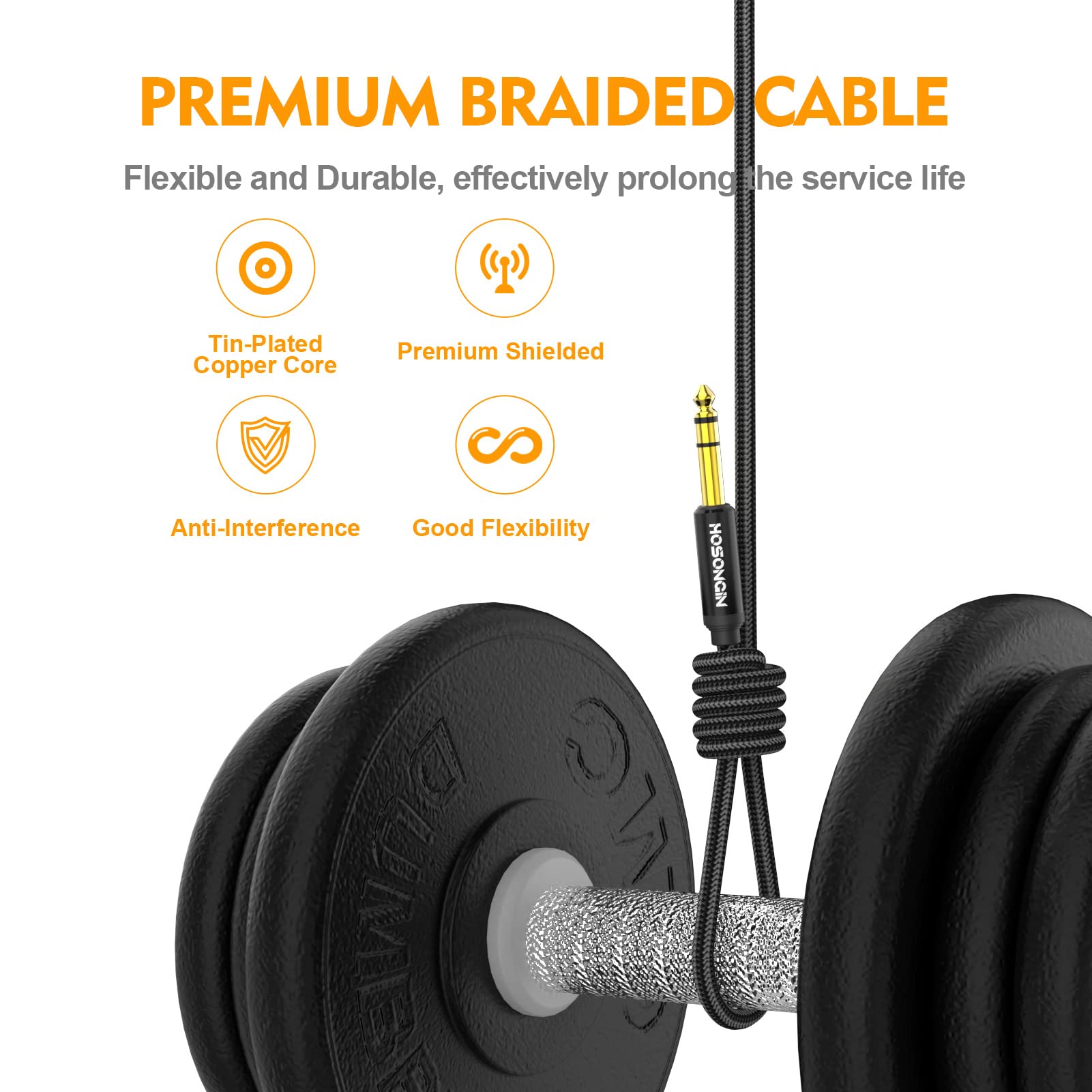 HOSONGIN TRS Cable de instrumento de 1/4 pulgadas, paquete de 2 [nailon trenzado blindado], cable de audio estéreo TRS macho a macho, 1/4 pulgadas, línea de interconexión equilibrada de 6.35 mm, 3.3