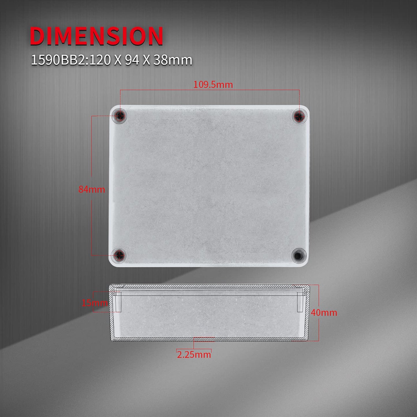 DaierTek 1590BB2 125BB - Caja de pedales de efecto guitarra de metal fundido a troquel, caja de pedales de aluminio de 4.7 x 3.7 x 1.5 pulgadas, 120 mm x 94 mm x 38 mm, tamaño de carcasa